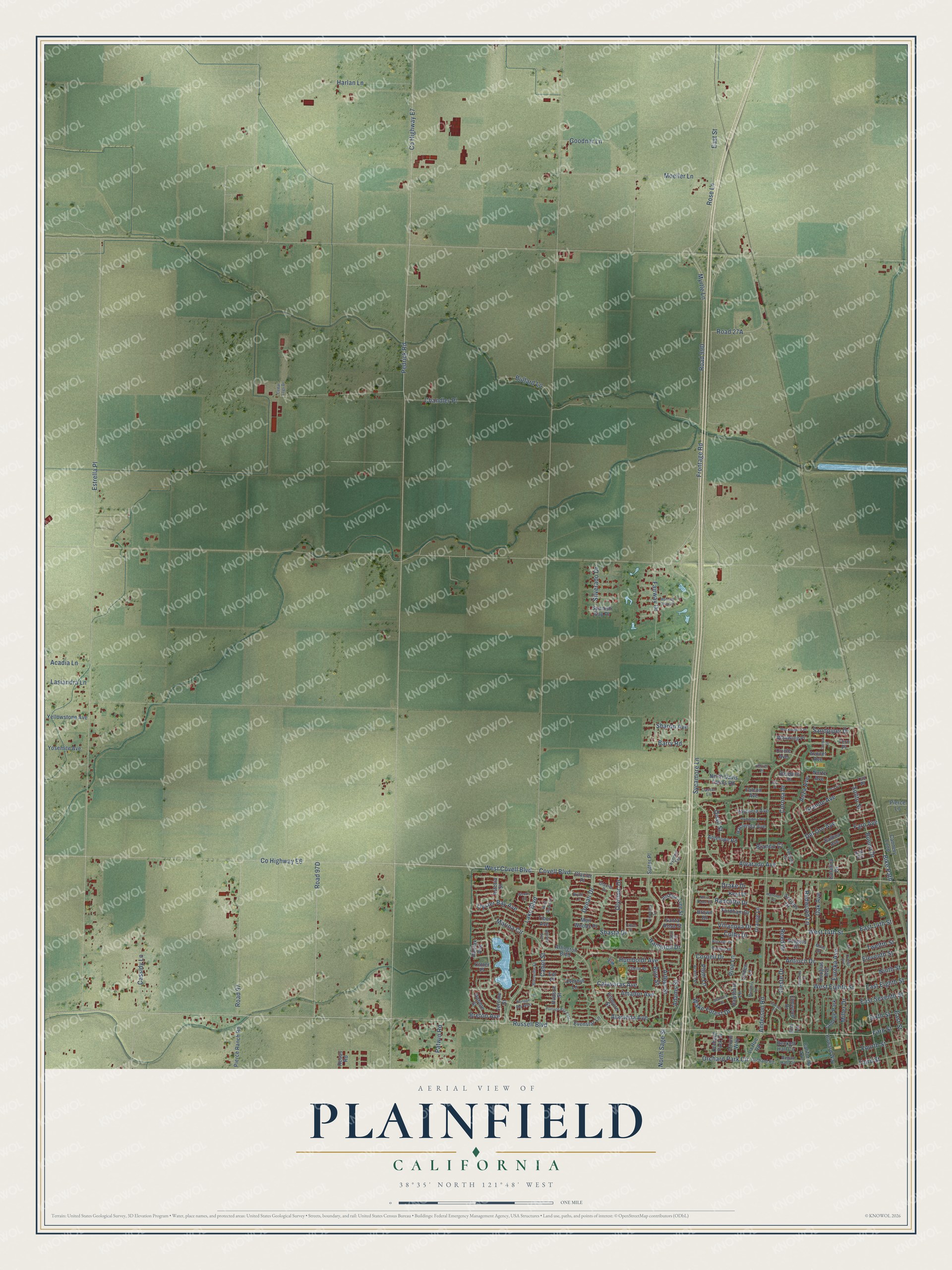 Full map of Plainfield, California, with red buildings, printed street names and the land around them