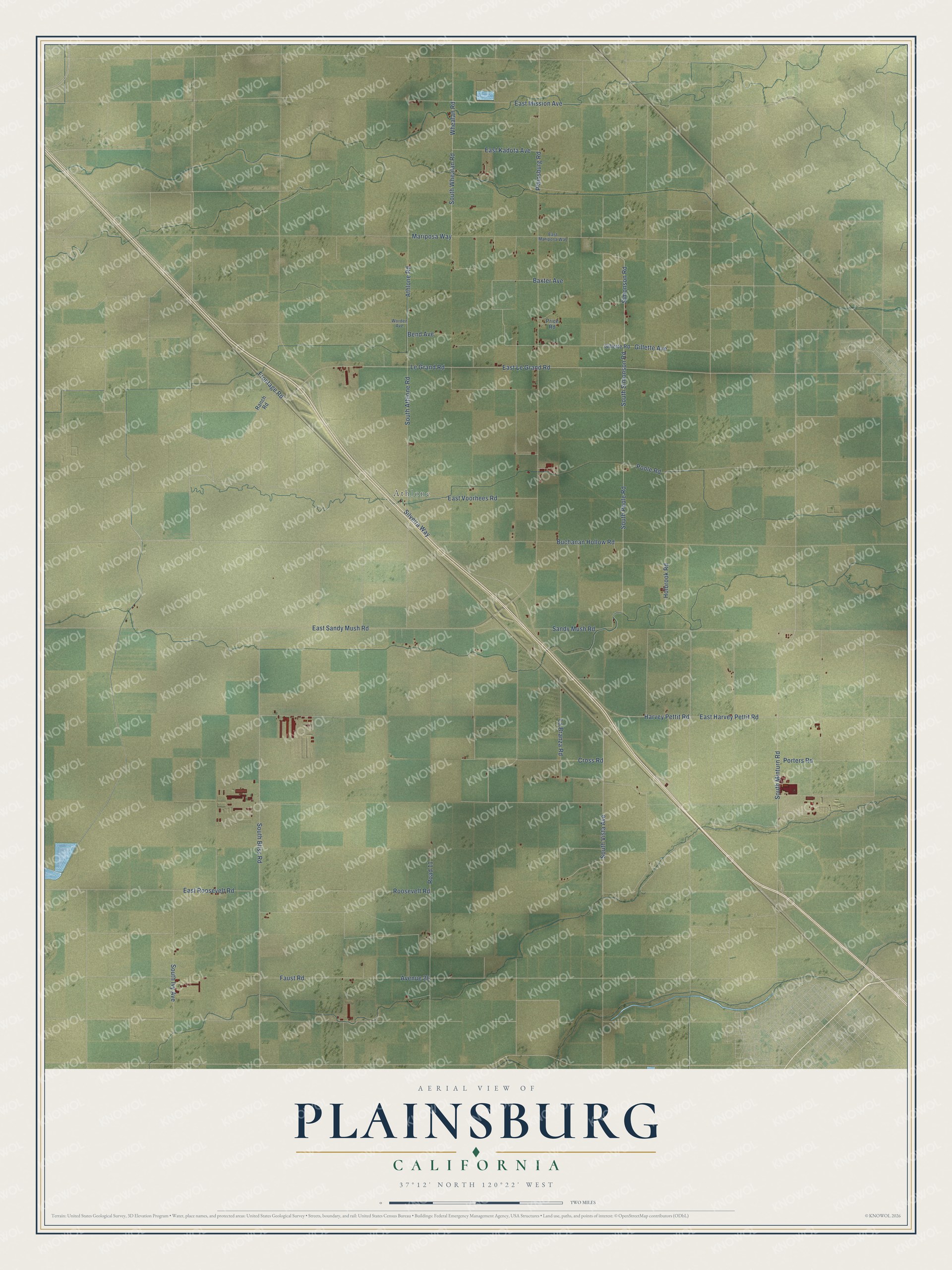 Full map of Plainsburg, California, with red buildings, printed street names and the land around them