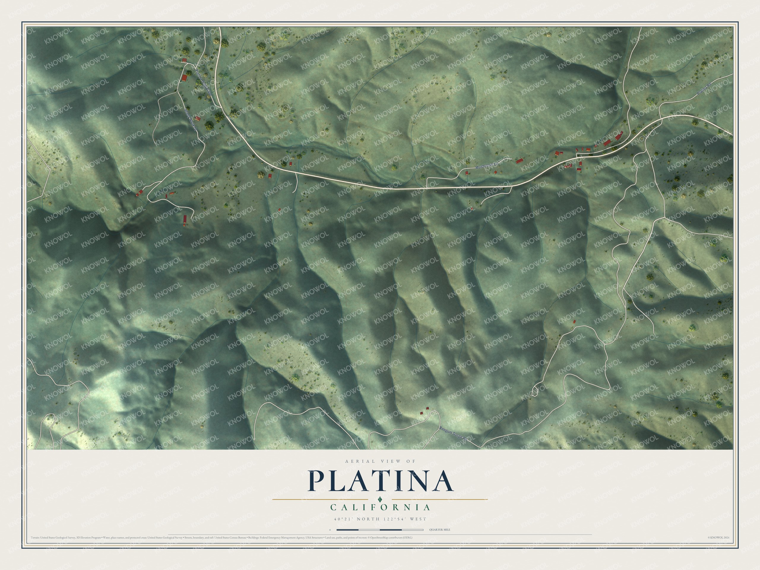 Full map of Platina, California, with red buildings, printed street names and the land around them