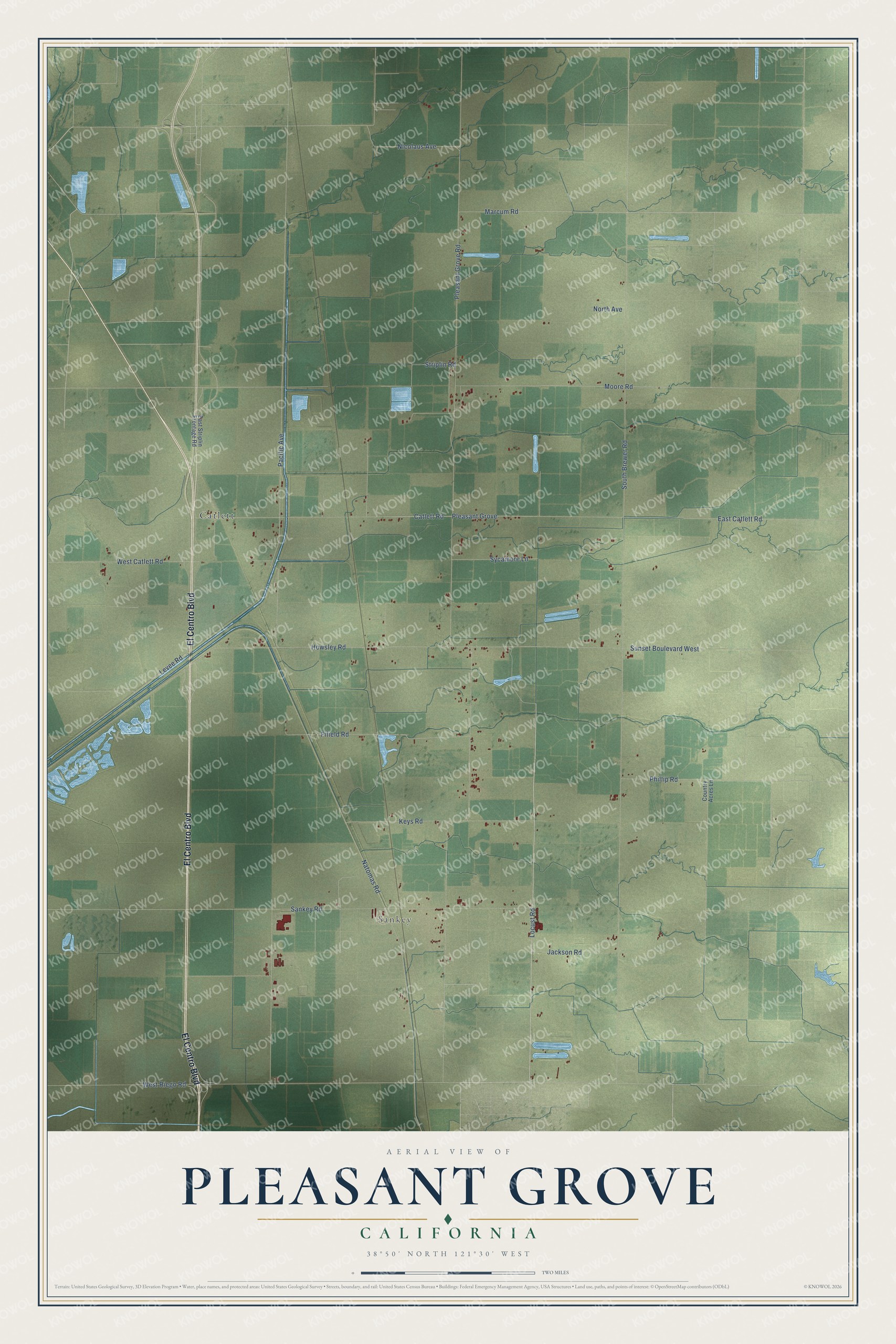 Full map of Pleasant Grove, California, with red buildings, printed street names and the land around them
