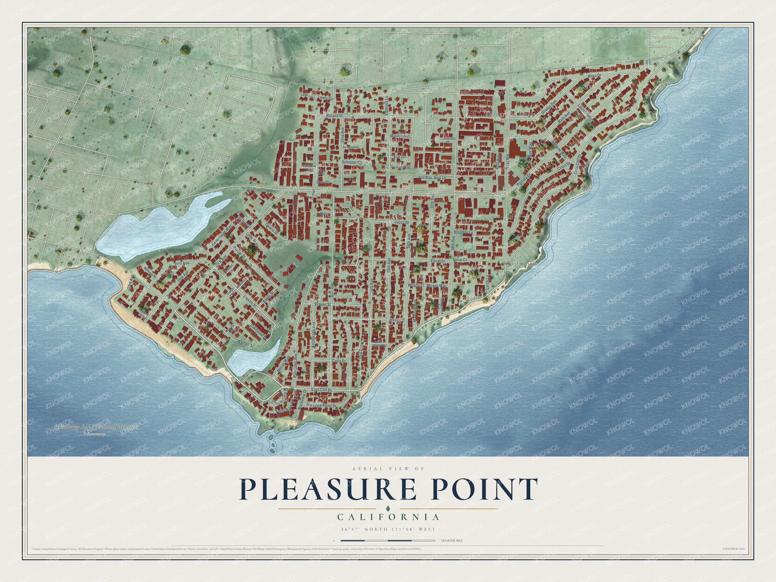 Full map of Pleasure Point, California, with red buildings, printed street names and the land around them