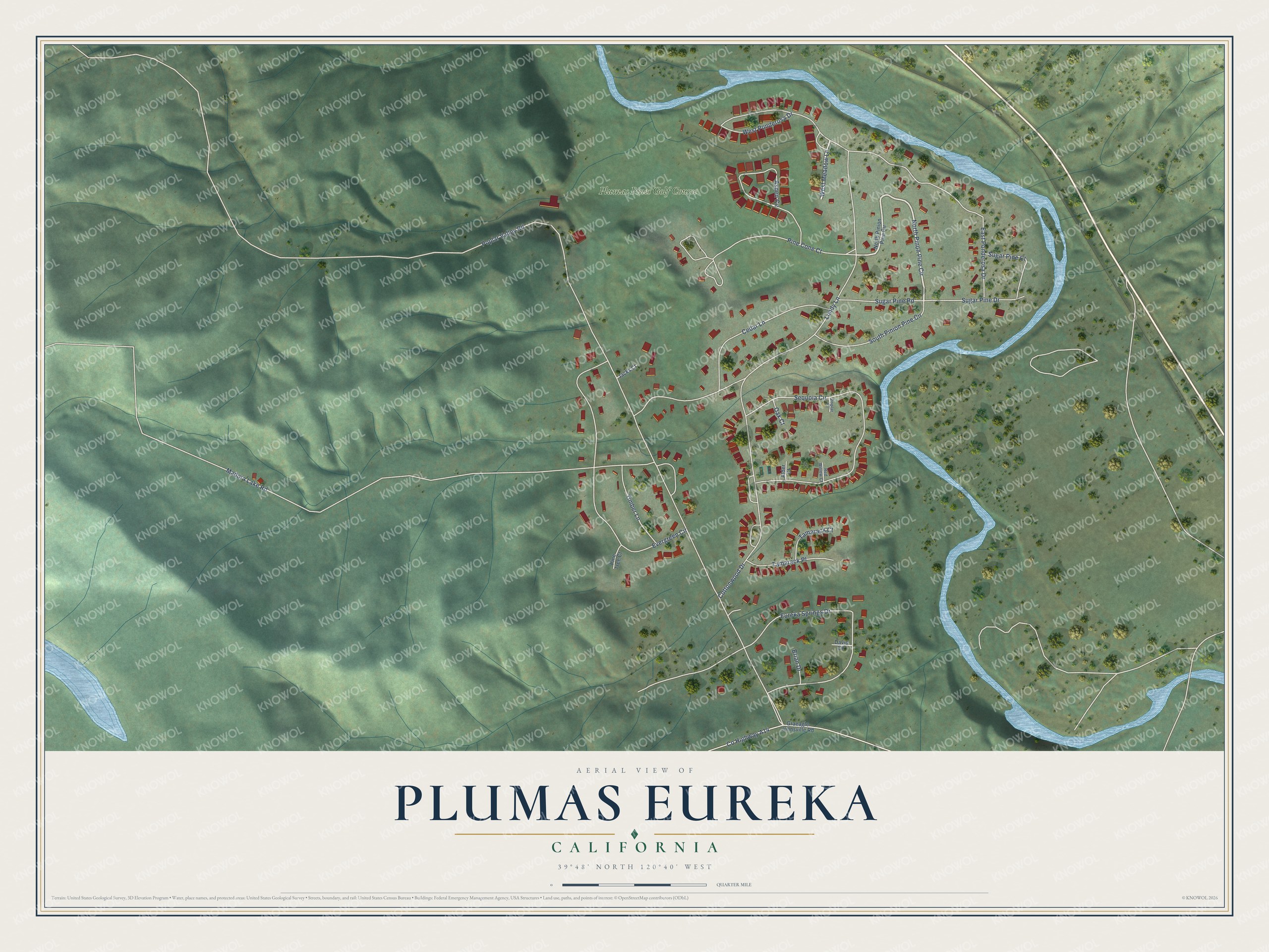 Full map of Plumas Eureka, California, with red buildings, printed street names and the land around them