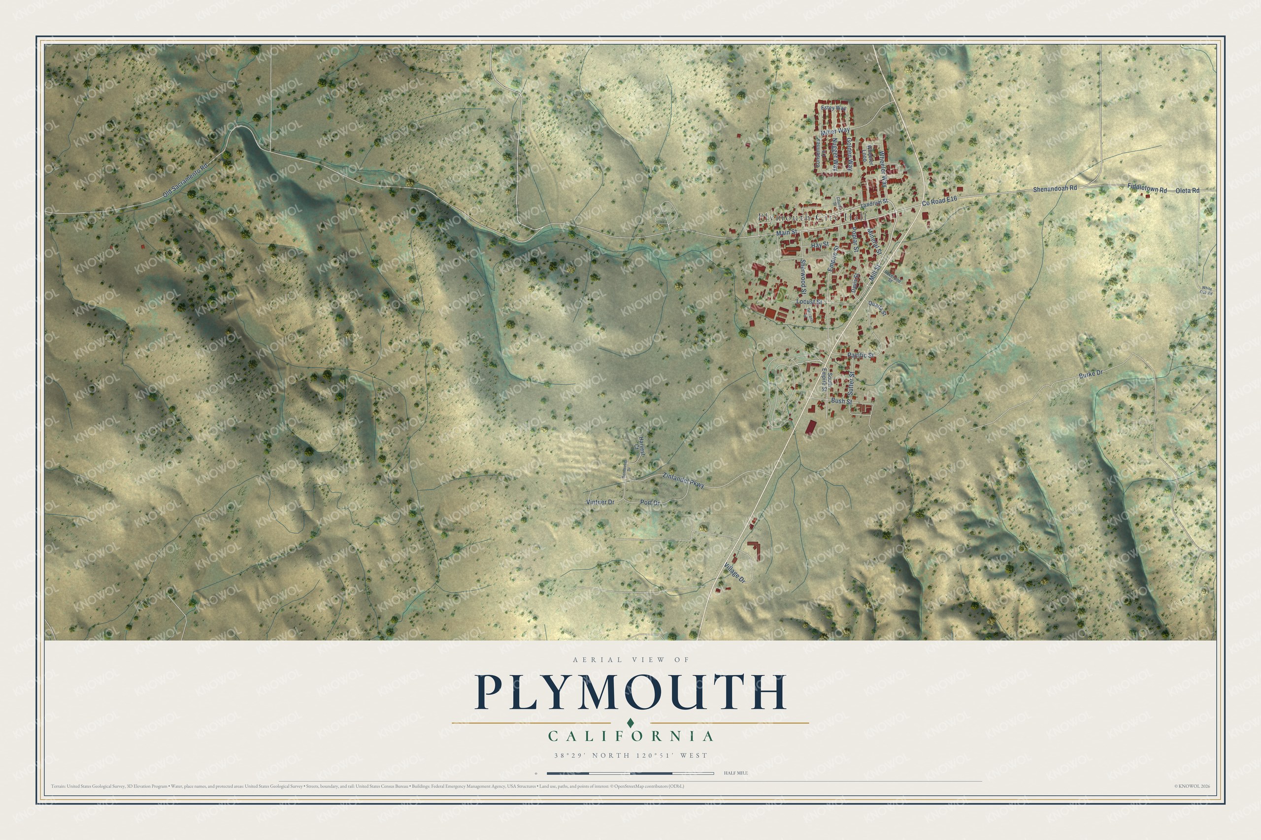 Full map of Plymouth, California, with red buildings, printed street names and the land around them