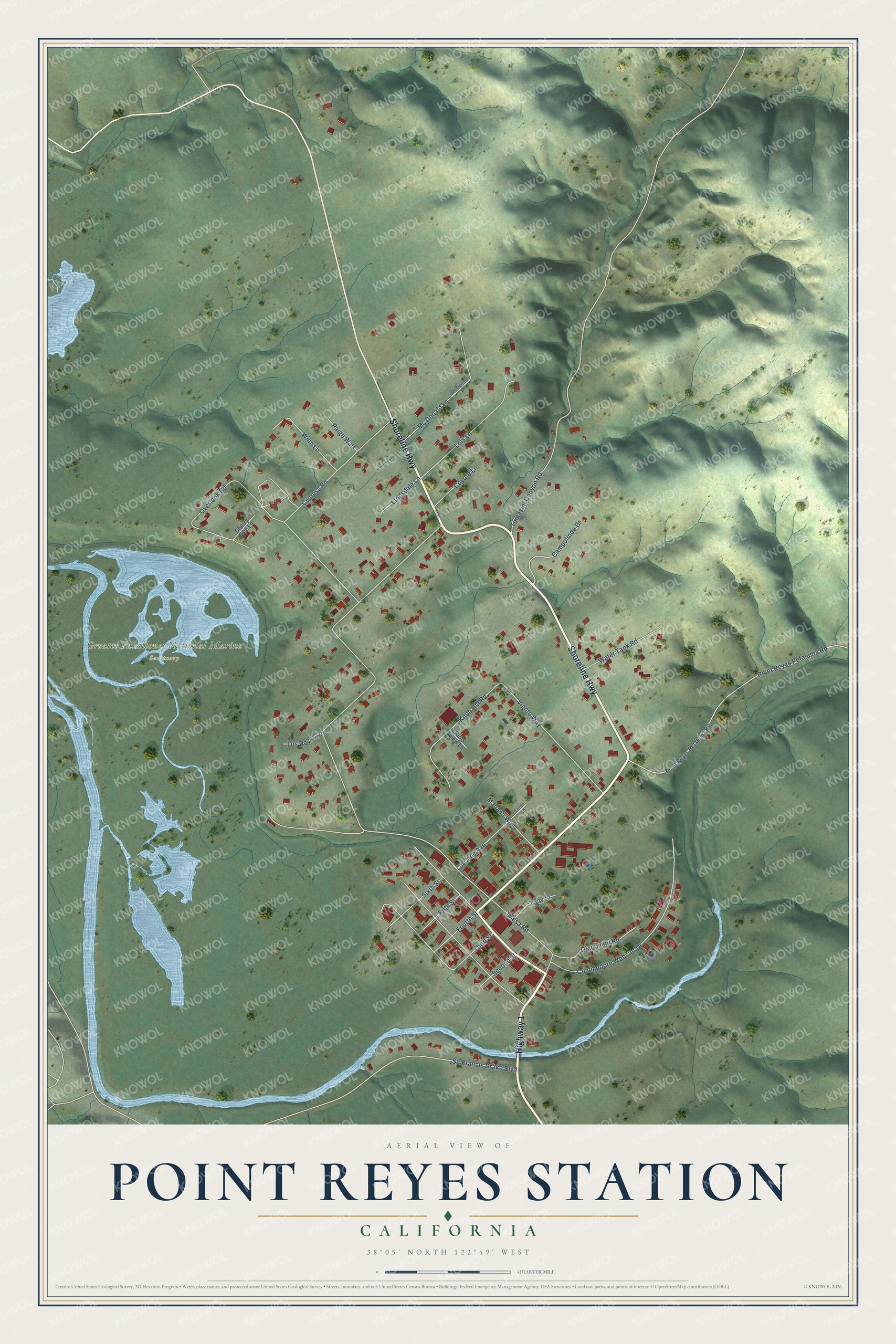 Full map of Point Reyes Station, California, with red buildings, printed street names and the land around them