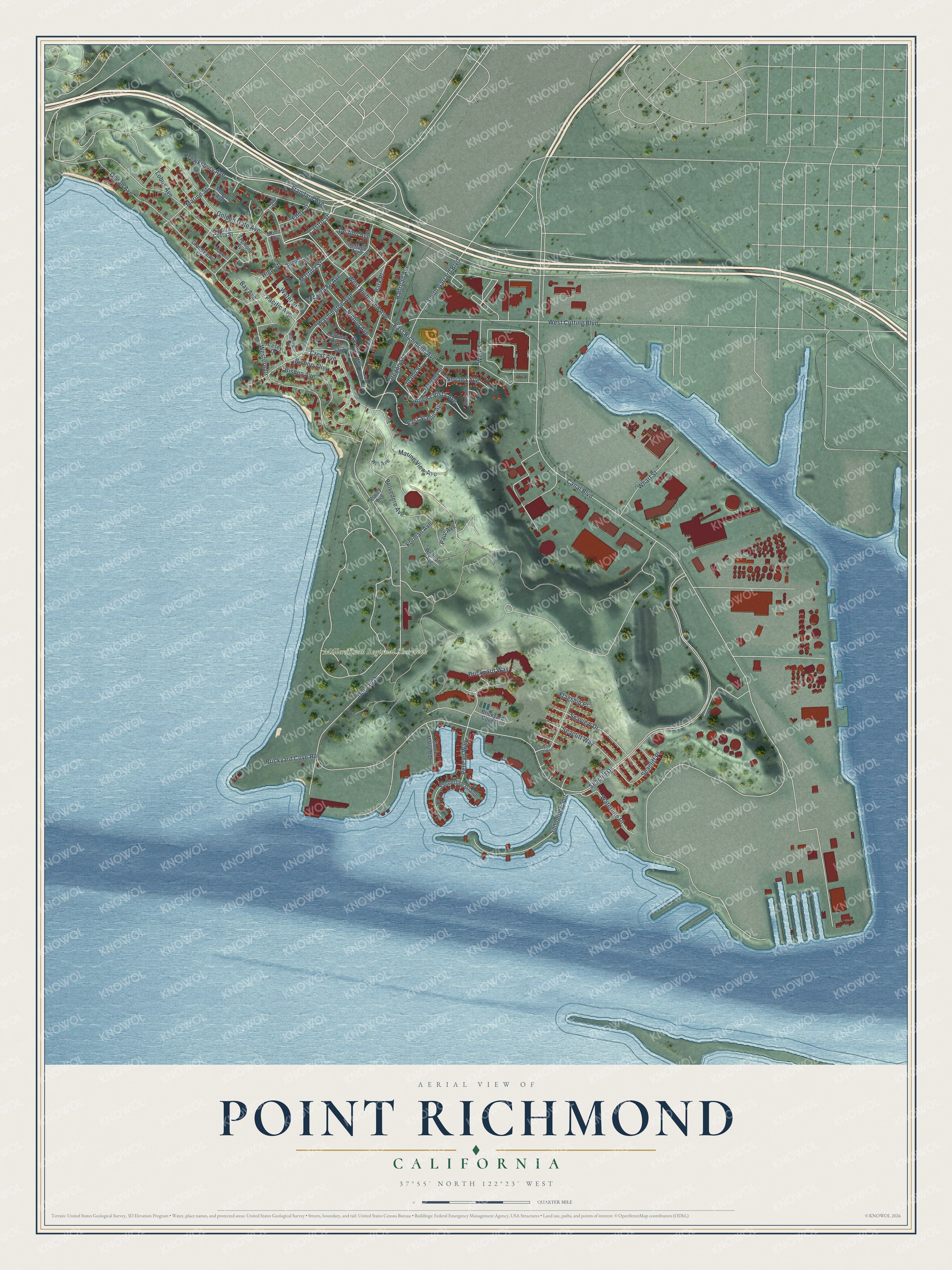 Full map of Point Richmond, California, with red buildings, printed street names and the land around them