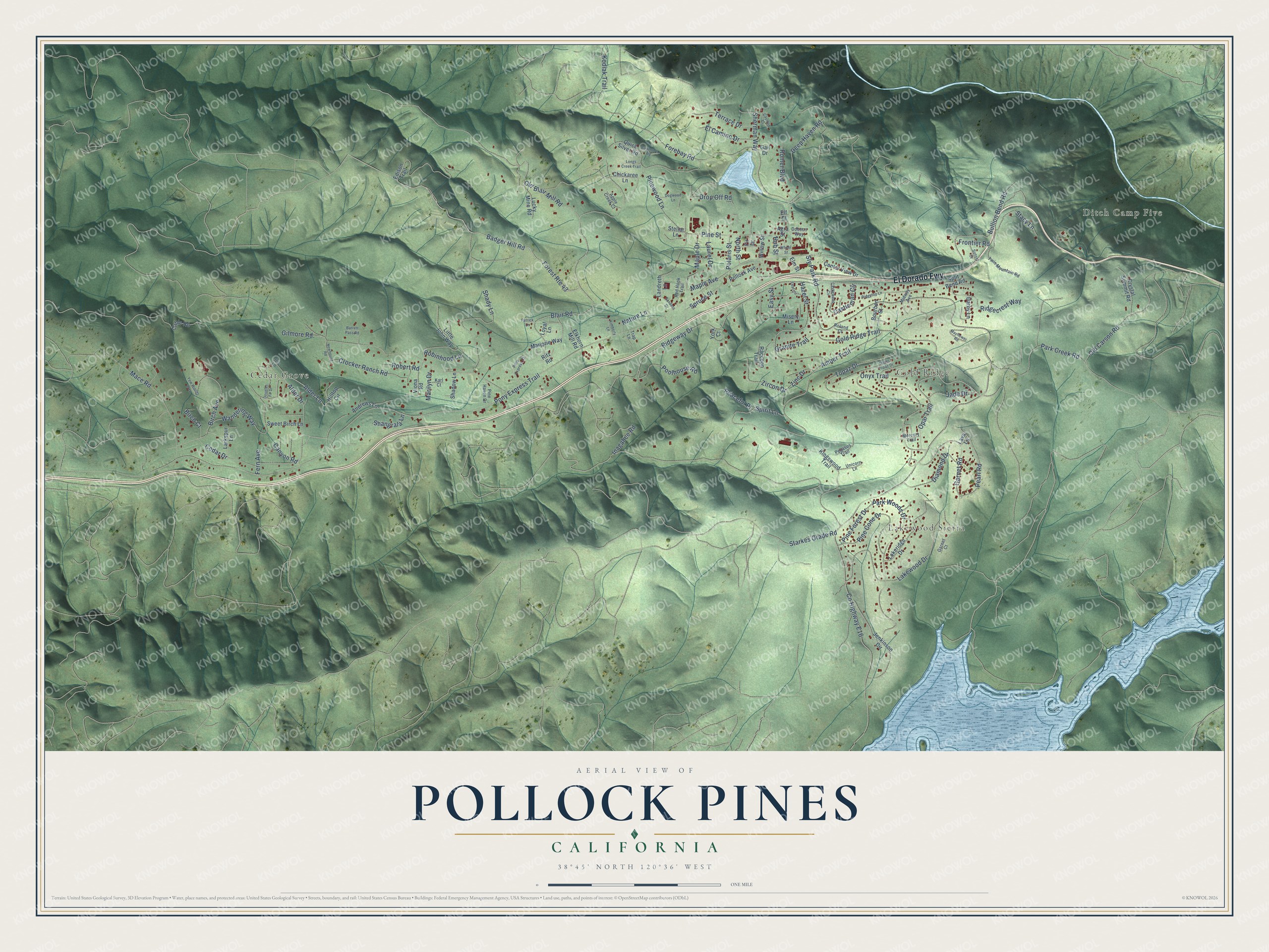 Full map of Pollock Pines, California, with red buildings, printed street names and the land around them