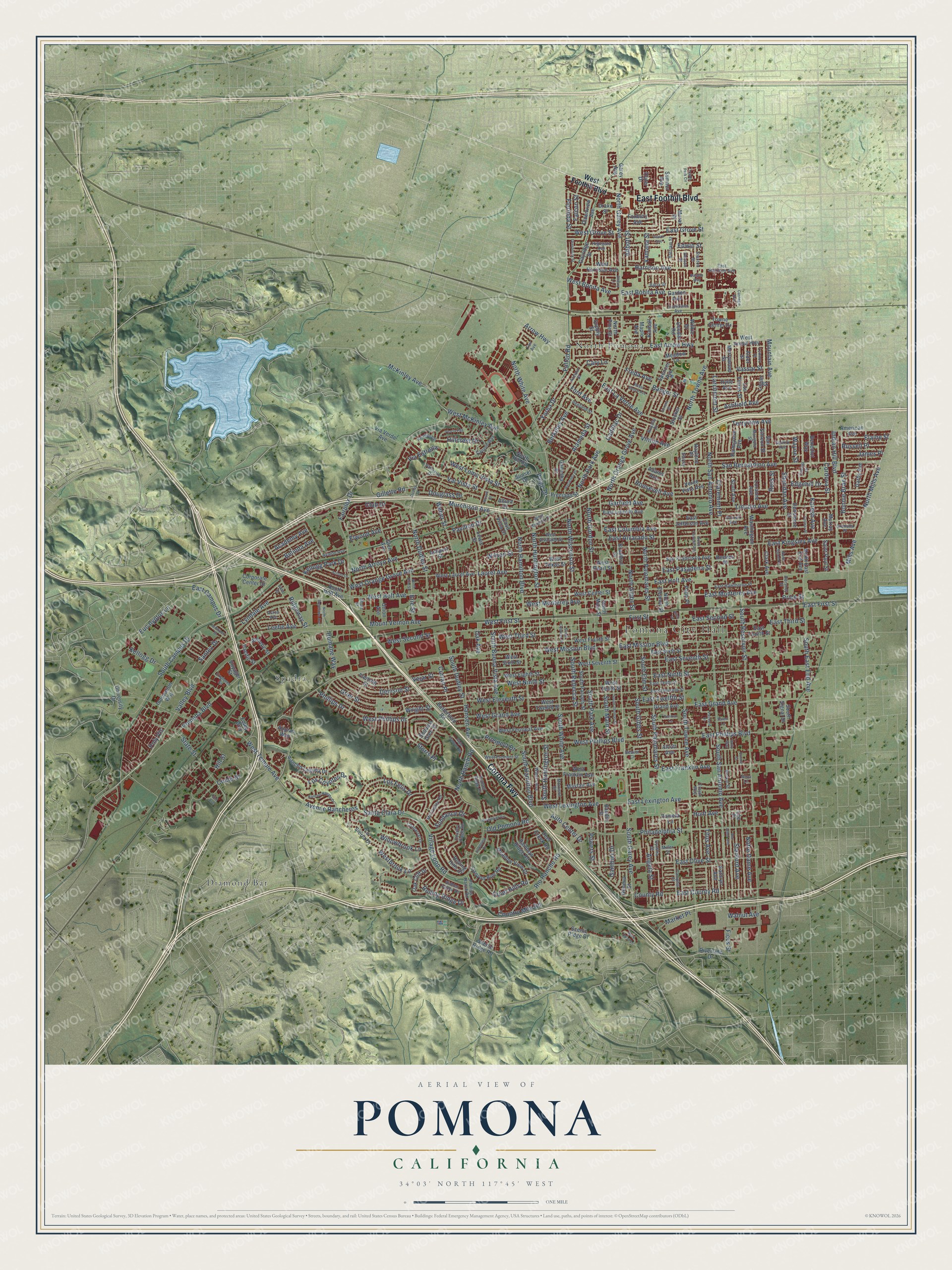 Full map of Pomona, California, with red buildings, printed street names and the land around them