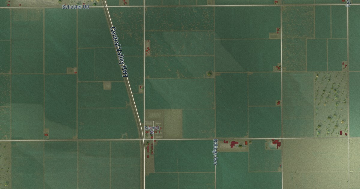 Close-up of streets and buildings in Pond, California