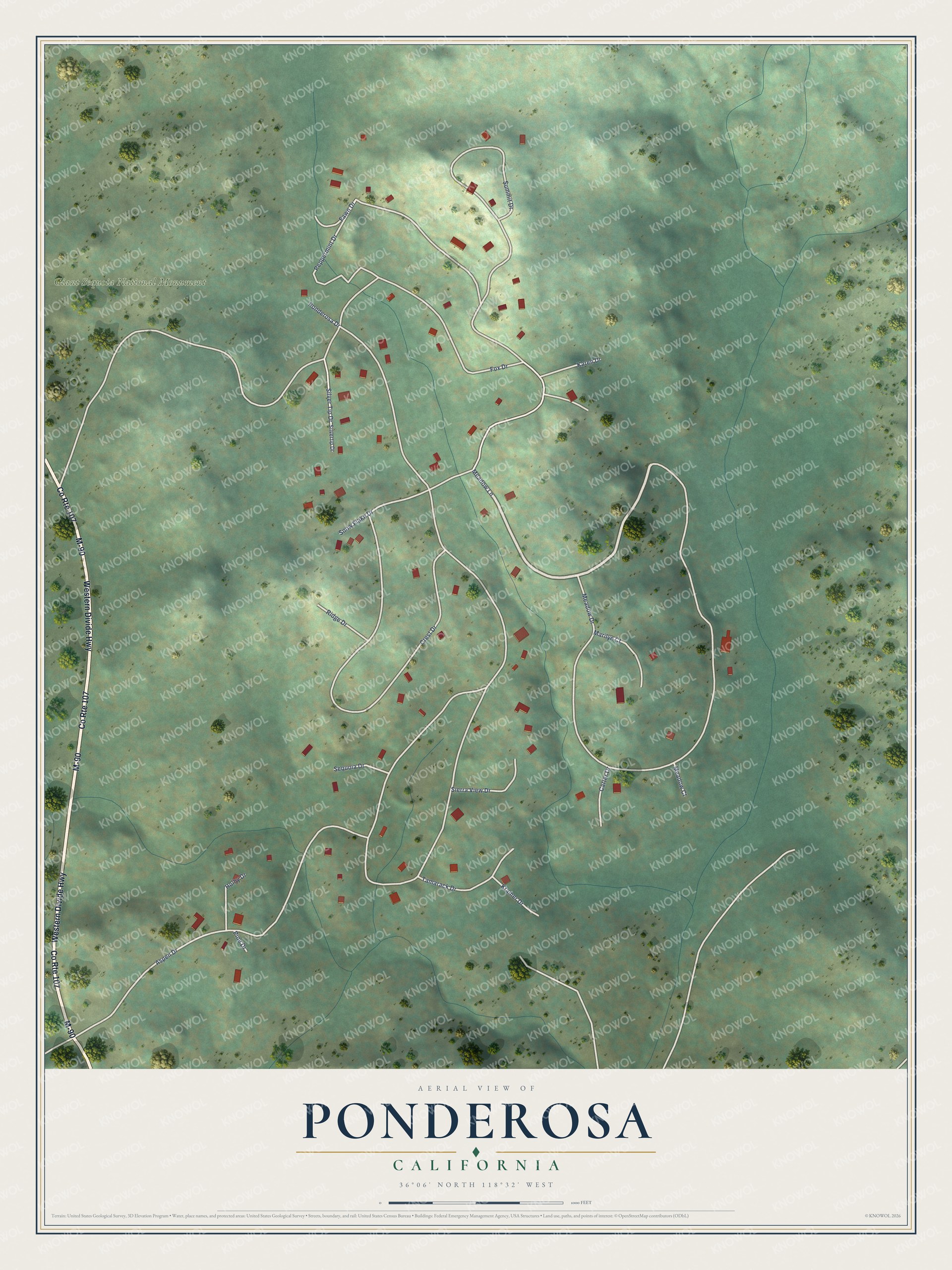 Full map of Ponderosa, California, with red buildings, printed street names and the land around them
