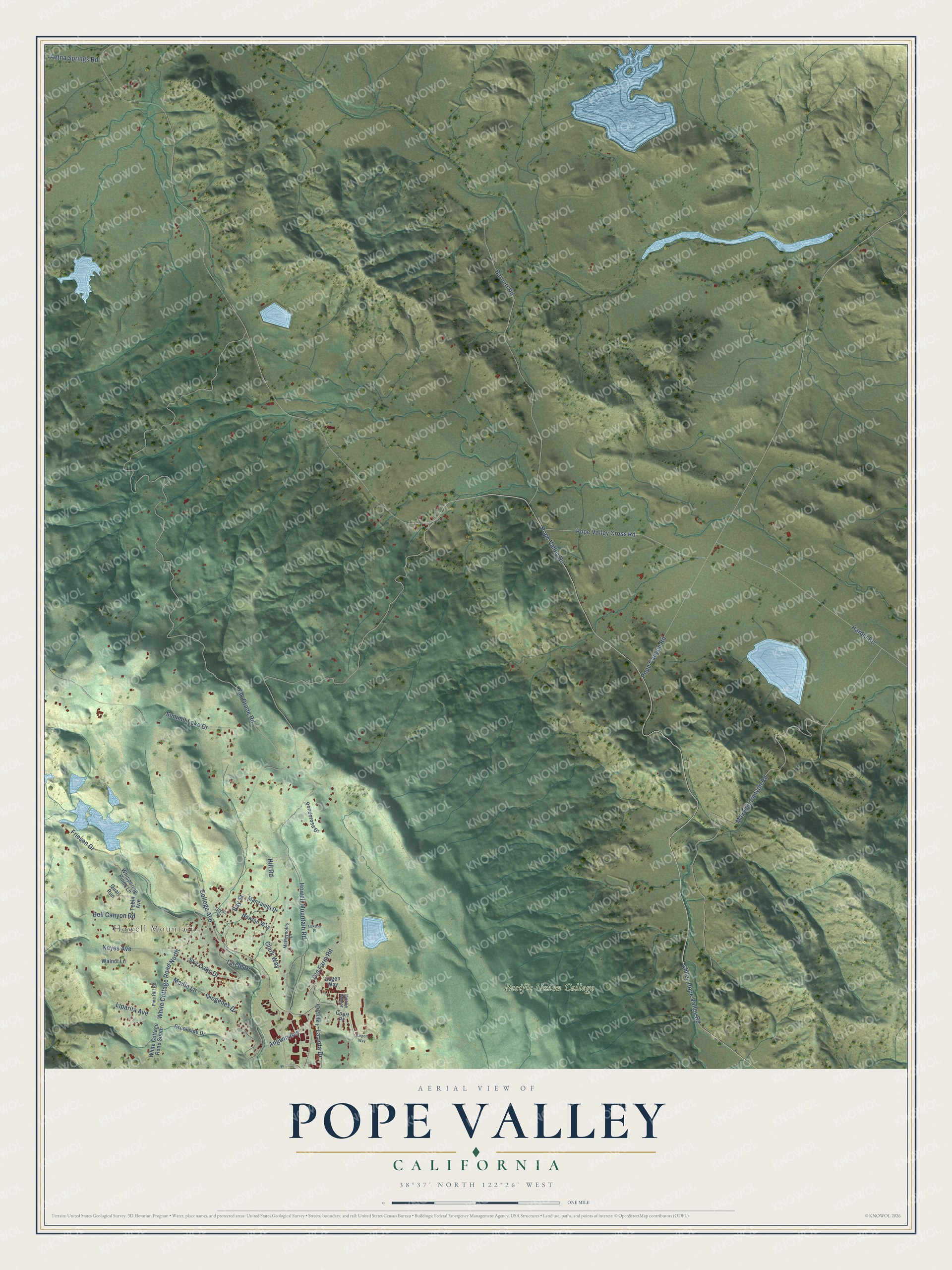 Full map of Pope Valley, California, with red buildings, printed street names and the land around them