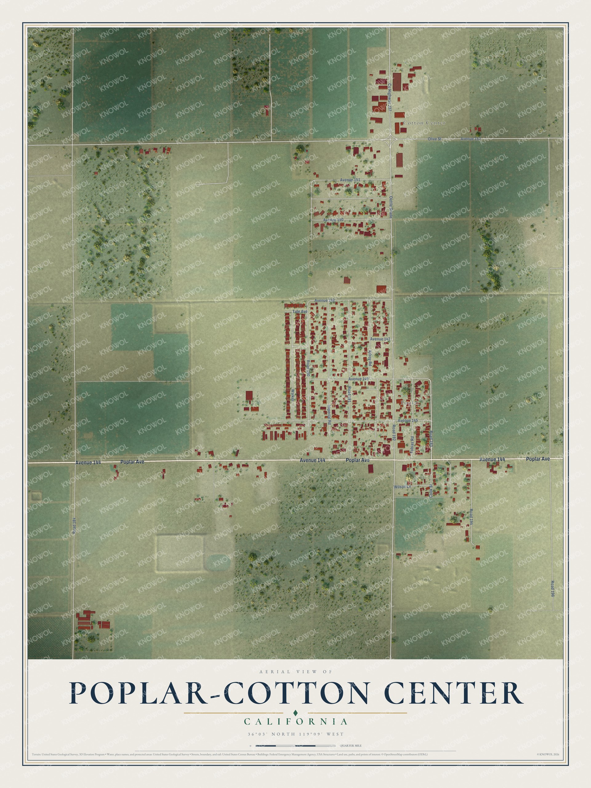 Full map of Poplar-Cotton Center, California, with red buildings, printed street names and the land around them