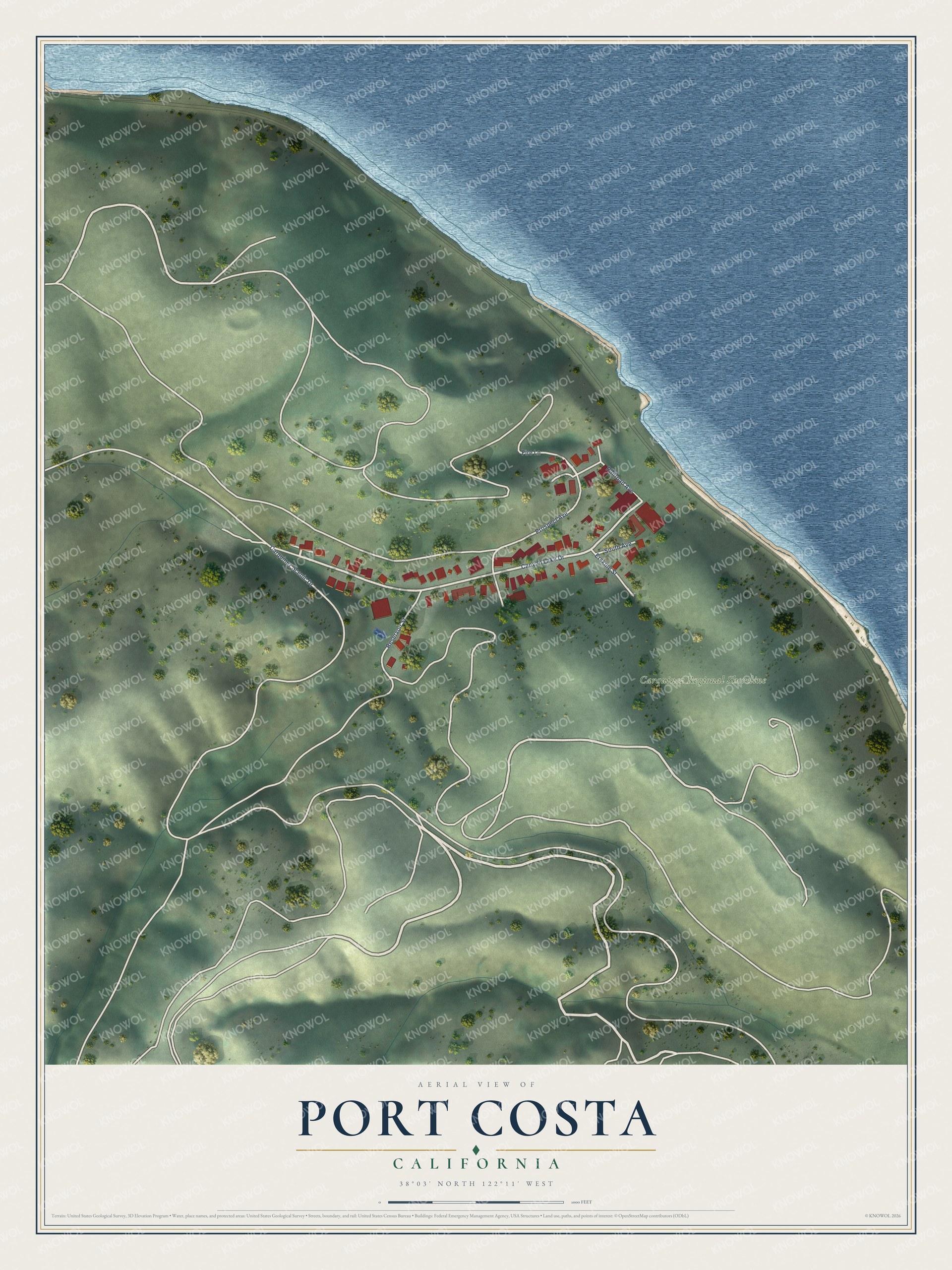 Full map of Port Costa, California, with red buildings, printed street names and the land around them