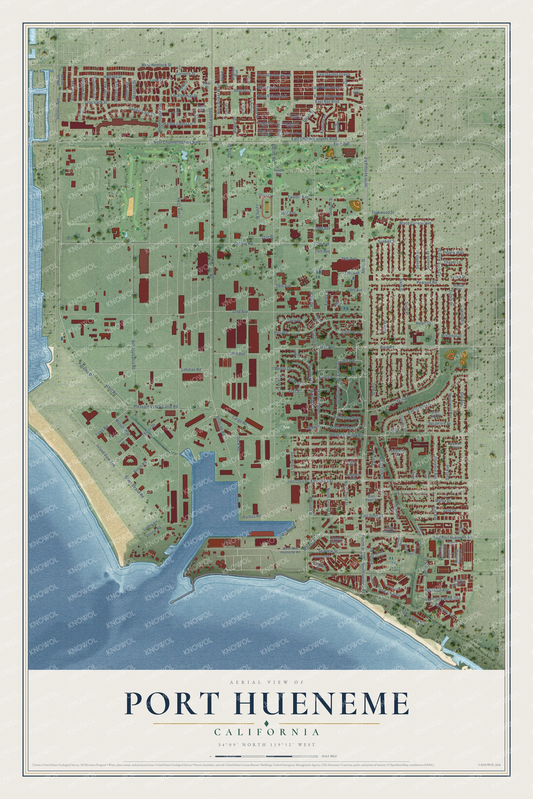 Full map of Port Hueneme, California, with red buildings, printed street names and the land around them