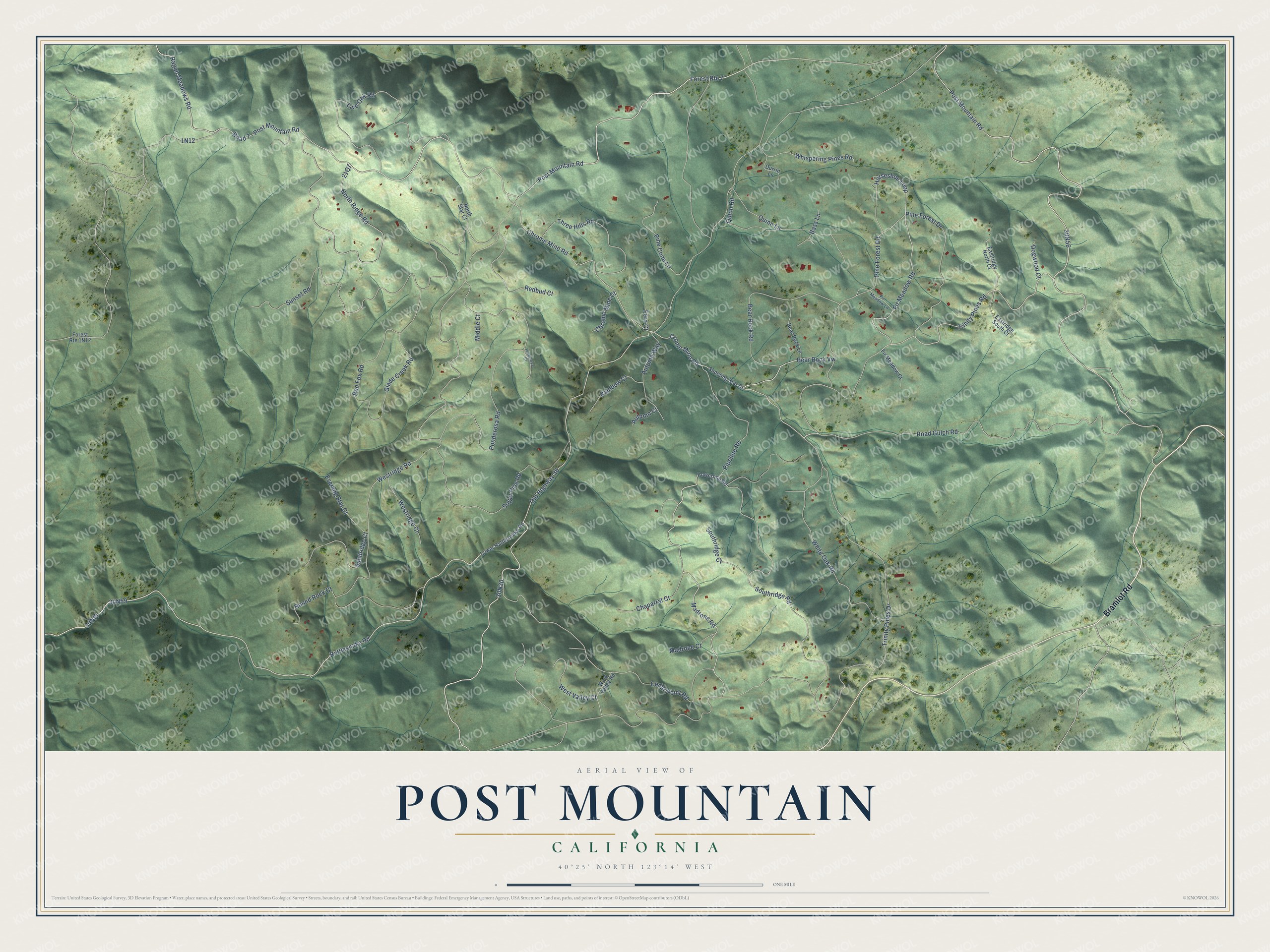 Full map of Post Mountain, California, with red buildings, printed street names and the land around them