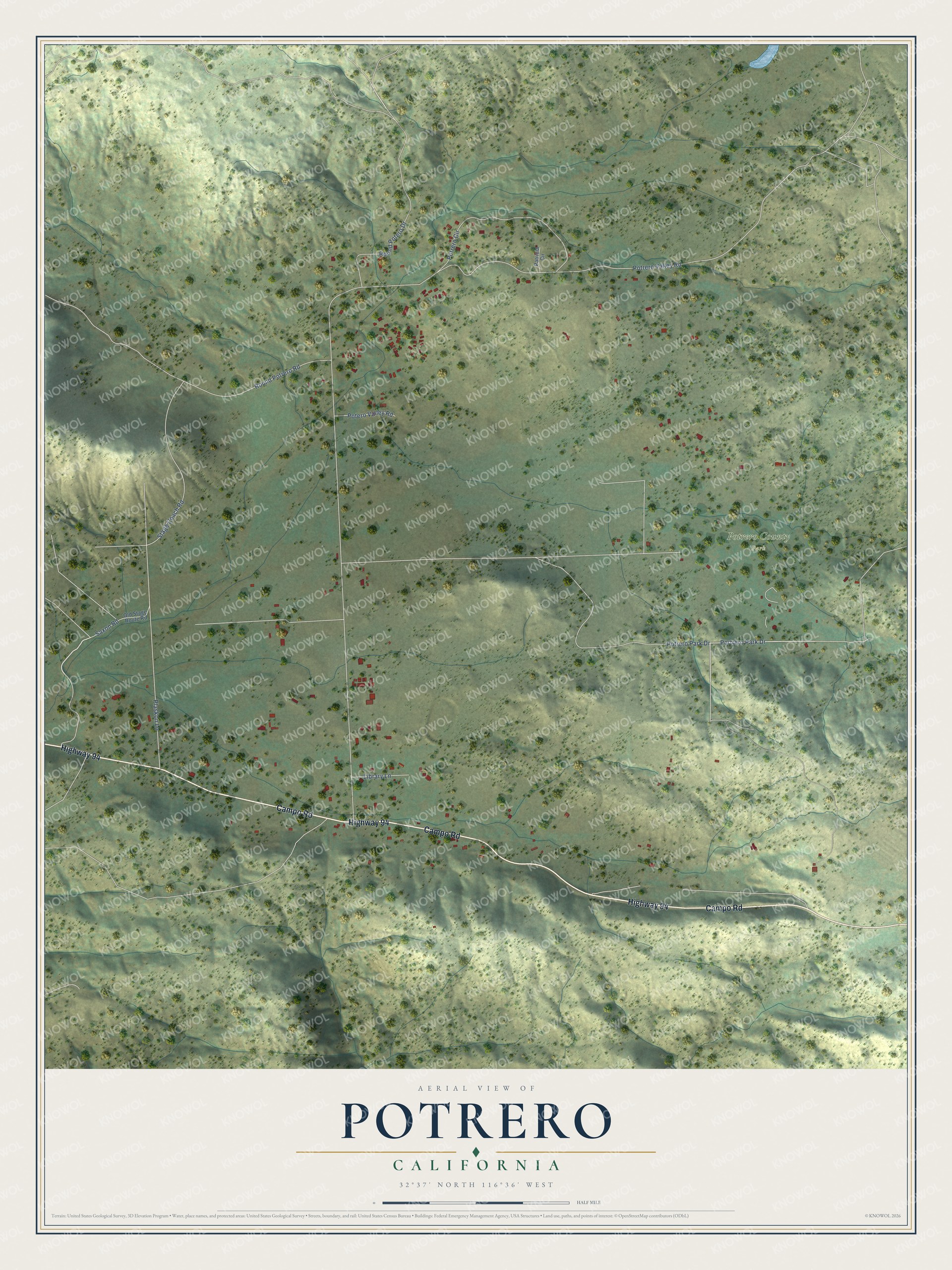 Full map of Potrero, California, with red buildings, printed street names and the land around them