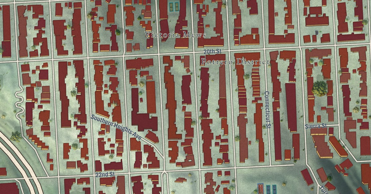 Close-up of streets and buildings in Potrero Hill, California