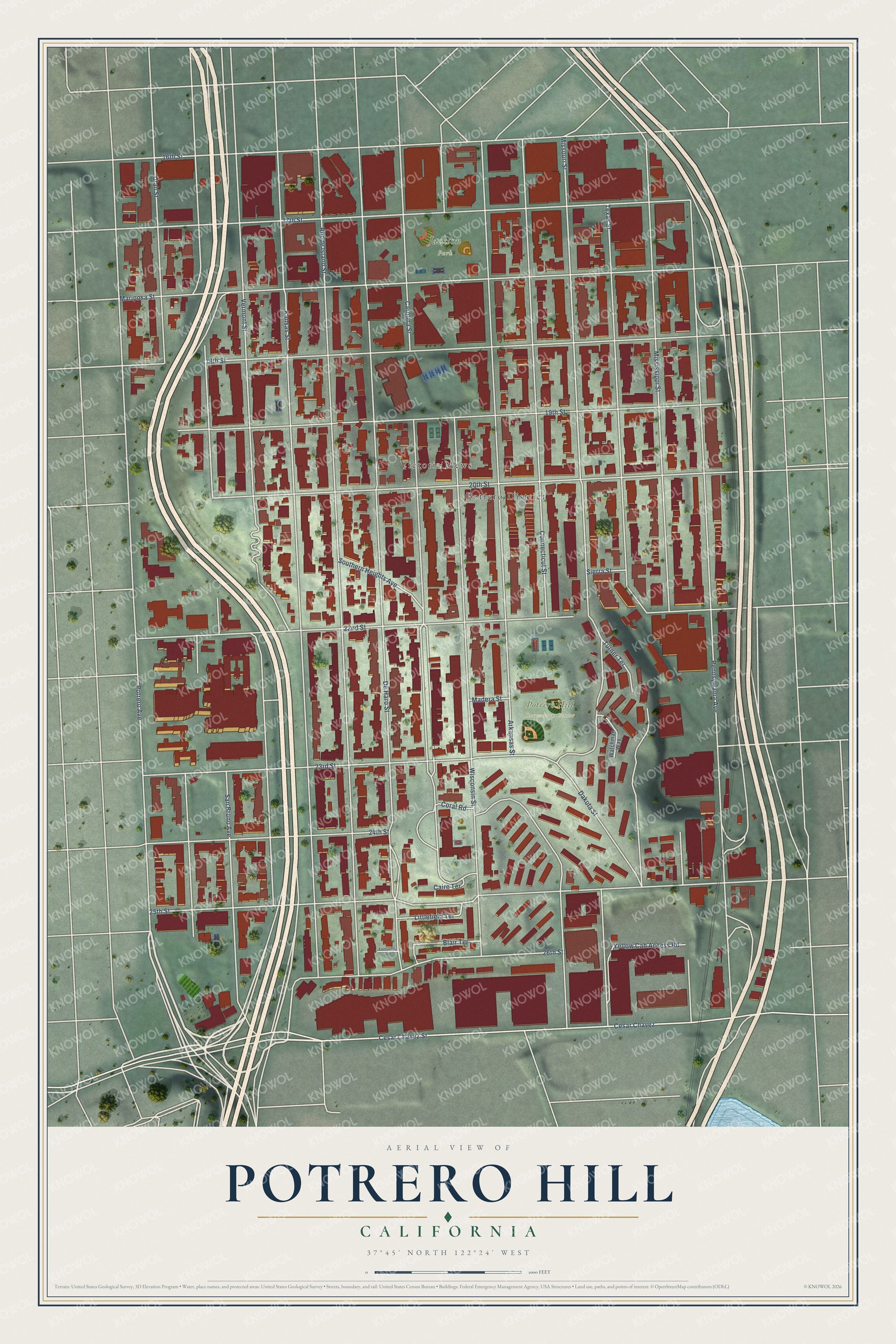 Full map of Potrero Hill, California, with red buildings, printed street names and the land around them