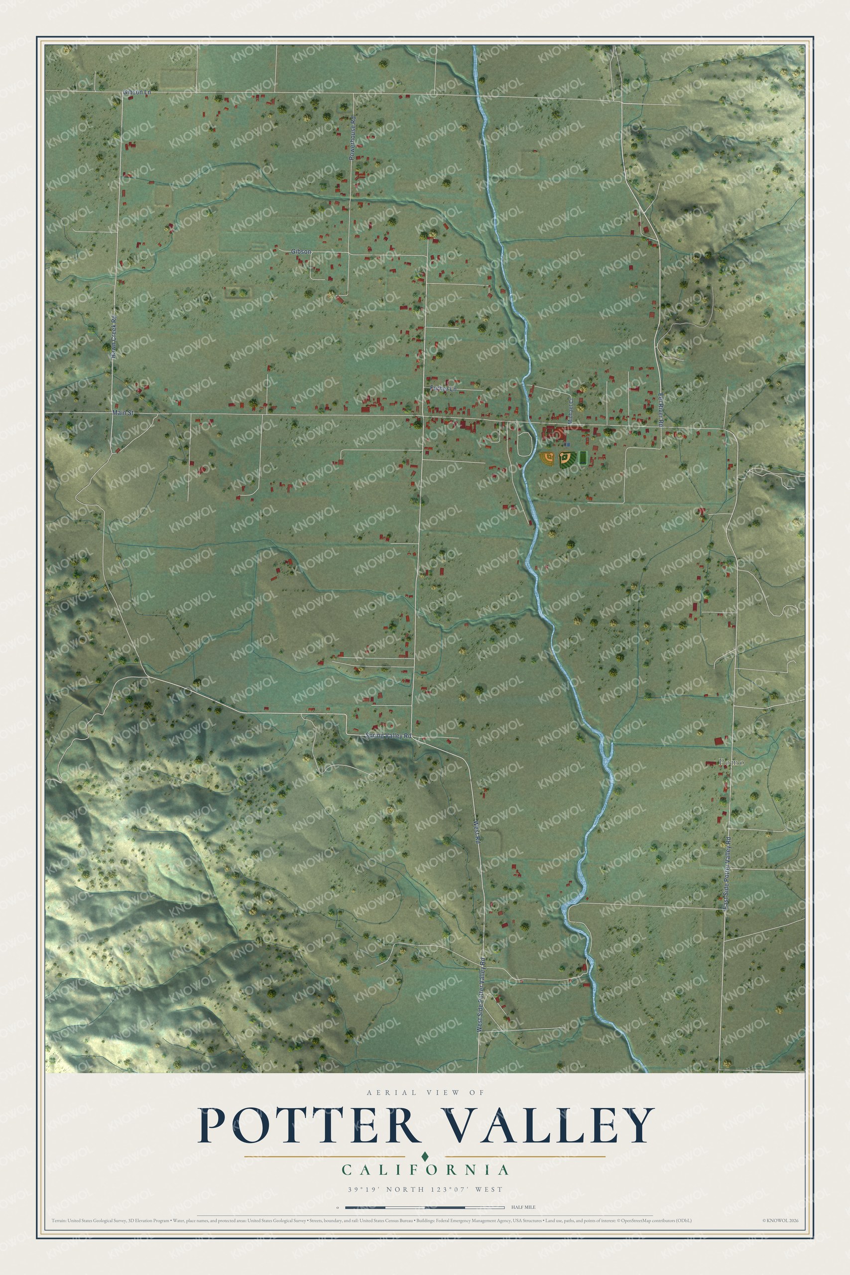 Full map of Potter Valley, California, with red buildings, printed street names and the land around them