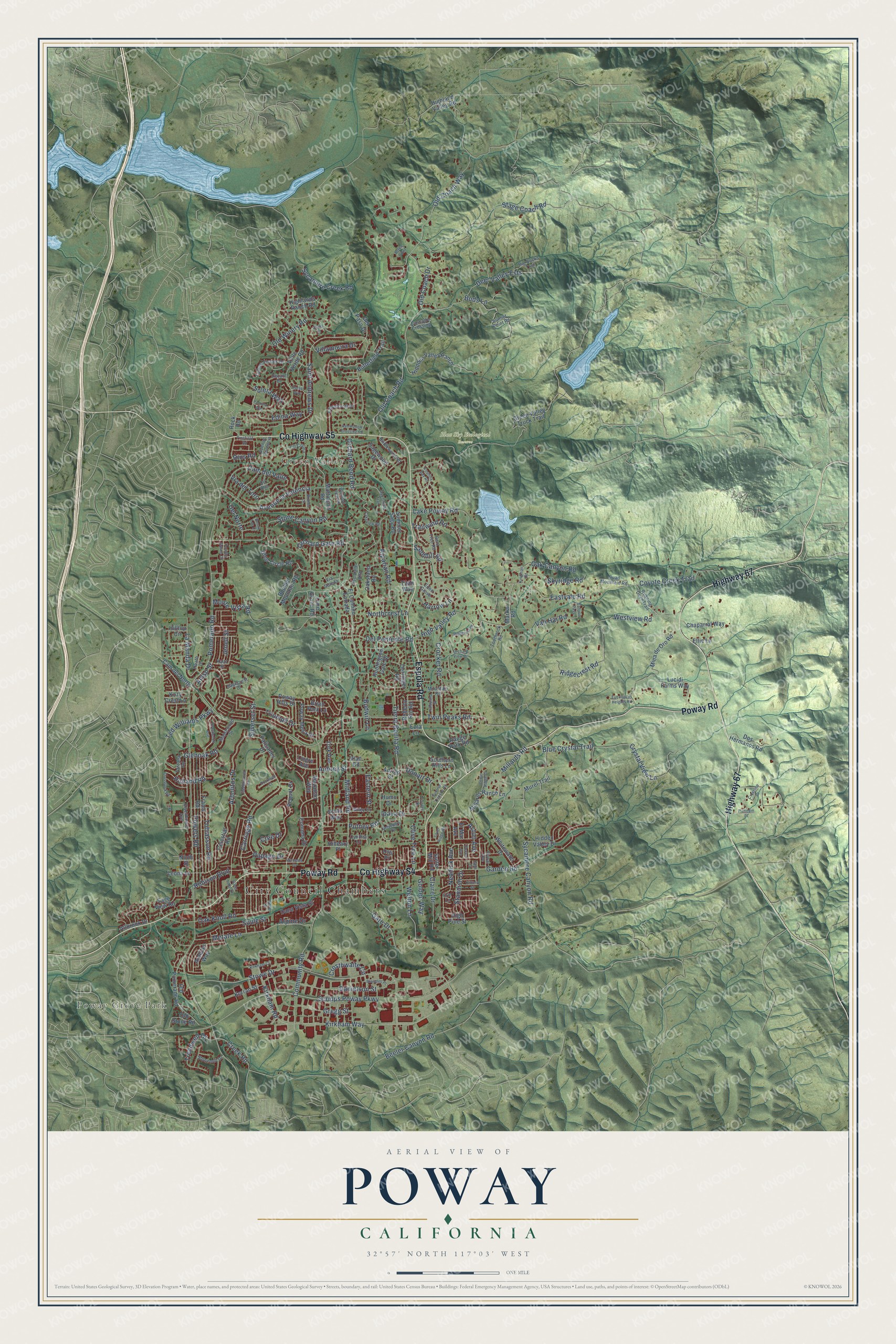 Full map of Poway, California, with red buildings, printed street names and the land around them