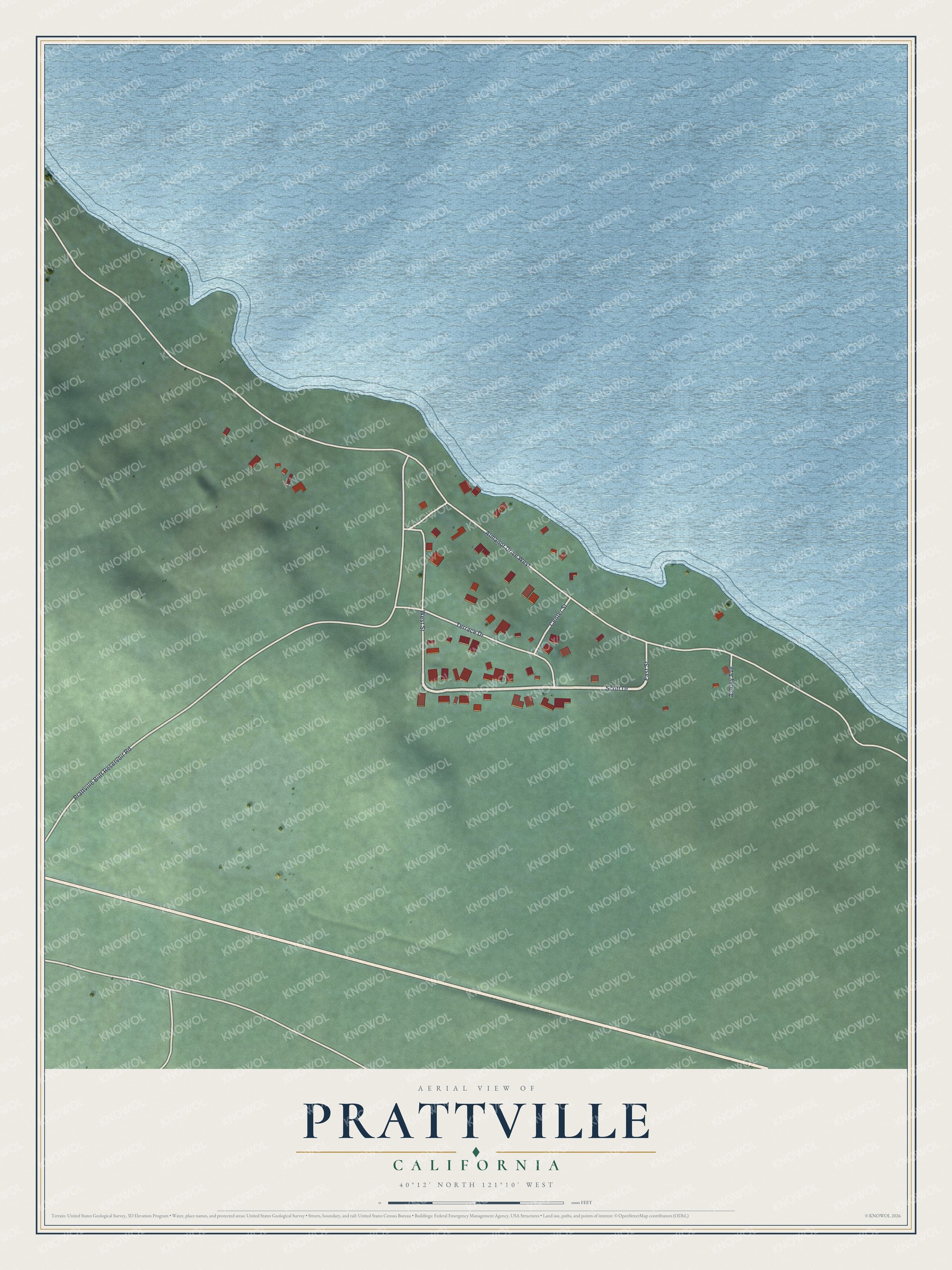 Full map of Prattville, California, with red buildings, printed street names and the land around them