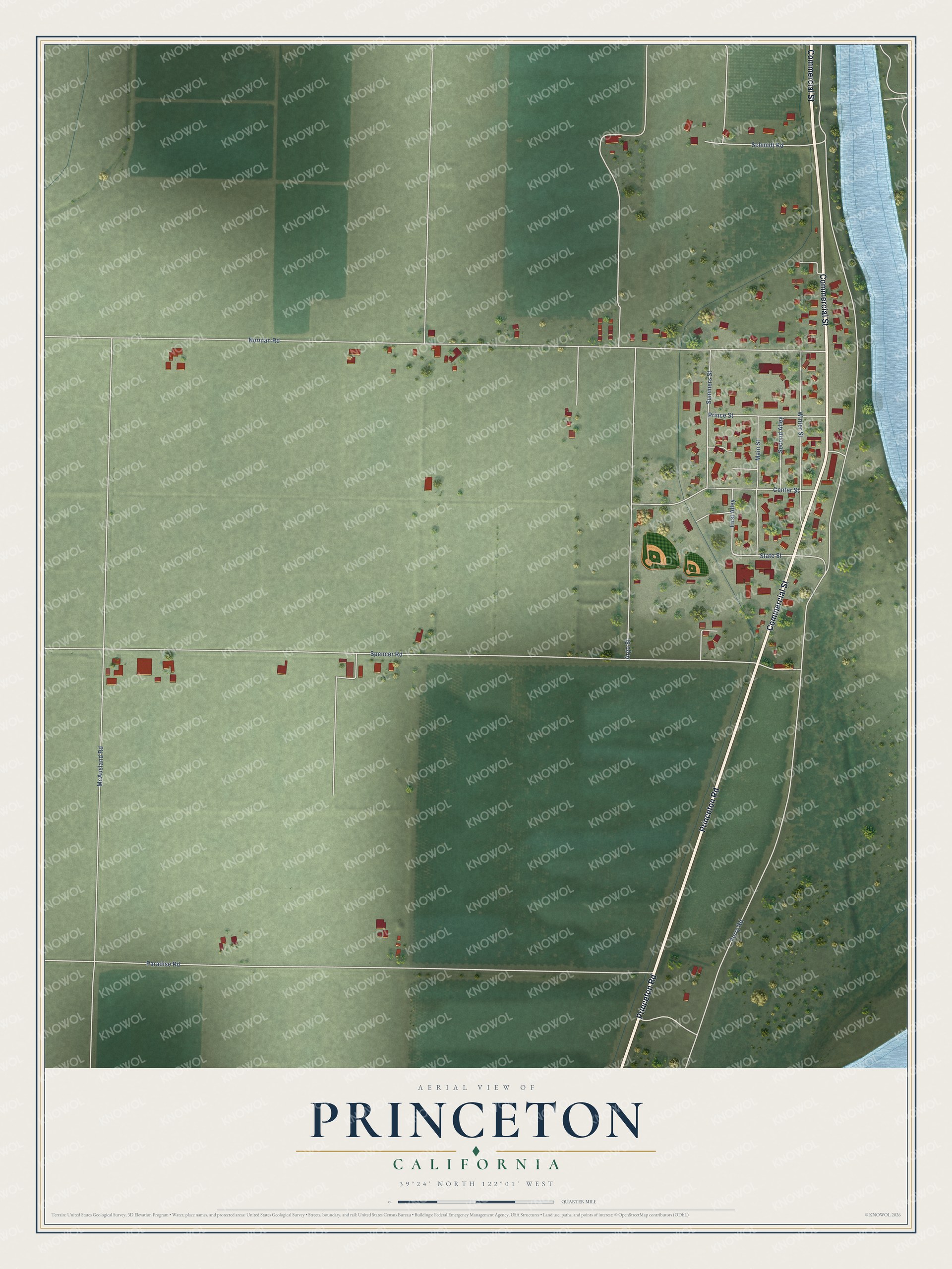 Full map of Princeton, California, with red buildings, printed street names and the land around them