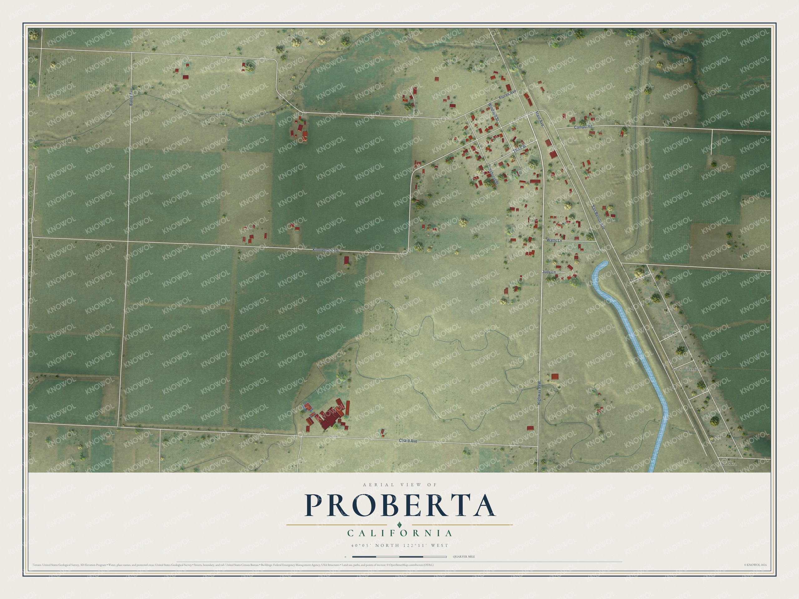 Full map of Proberta, California, with red buildings, printed street names and the land around them