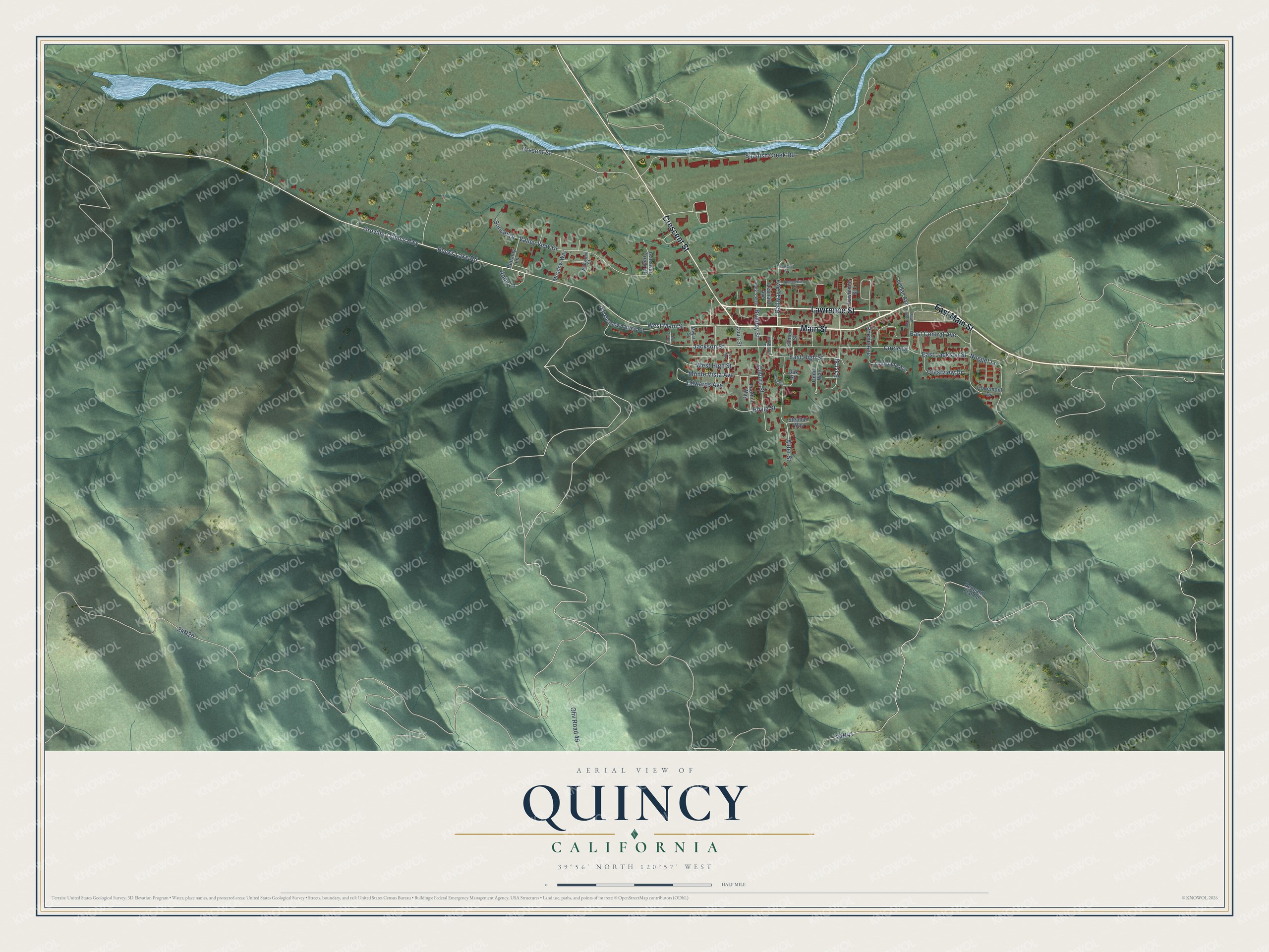 Full map of Quincy, California, with red buildings, printed street names and the land around them