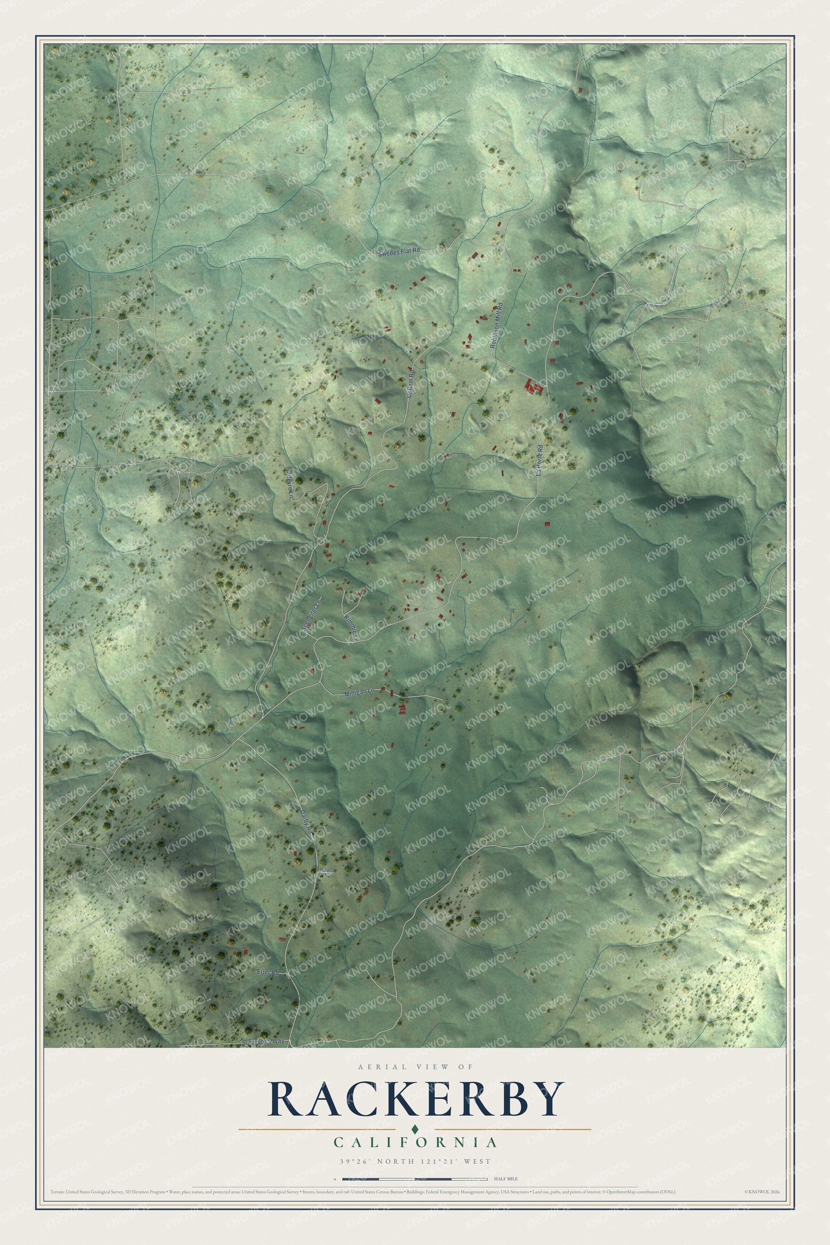 Full map of Rackerby, California, with red buildings, printed street names and the land around them