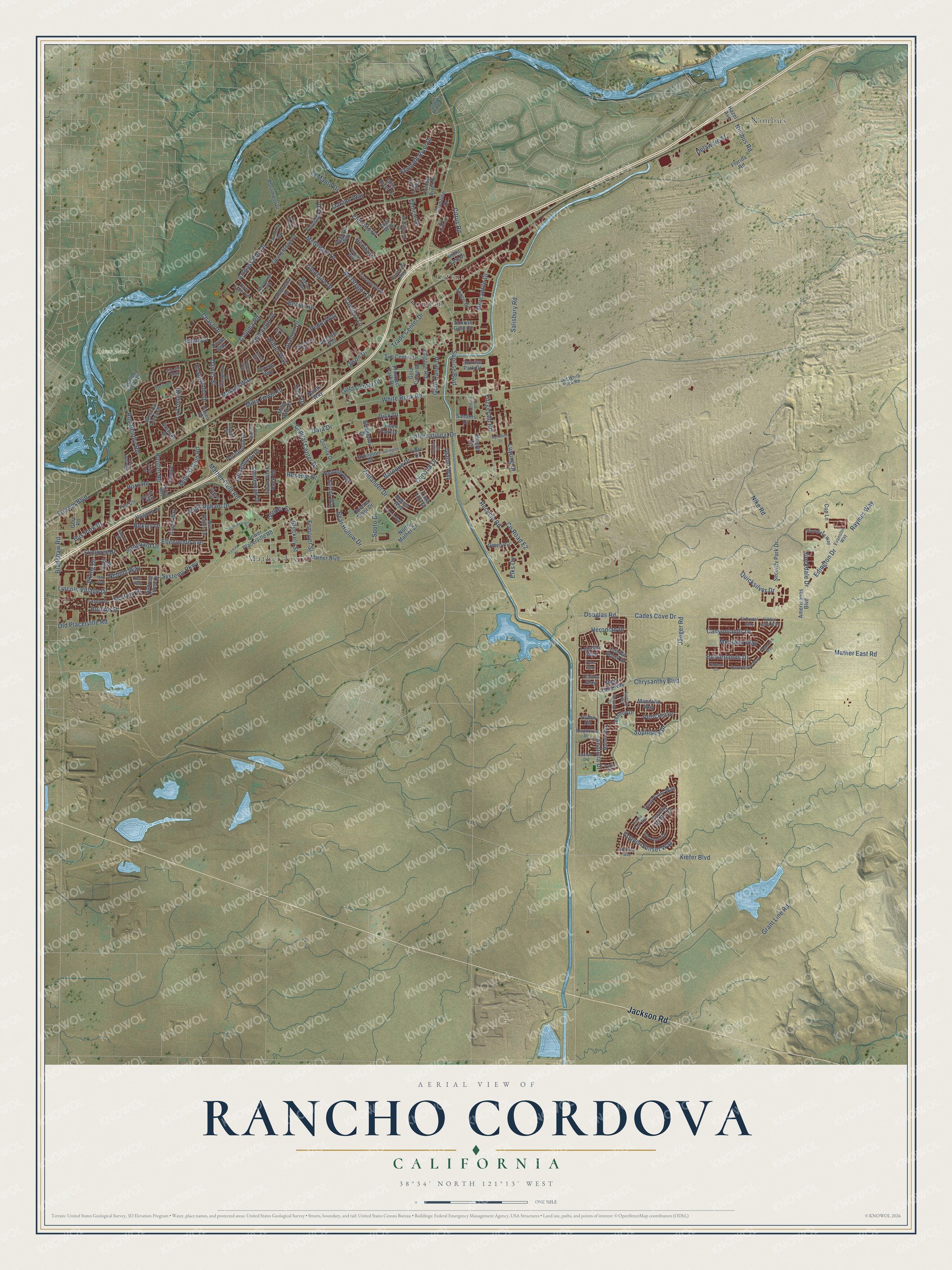 Full map of Rancho Cordova, California, with red buildings, printed street names and the land around them