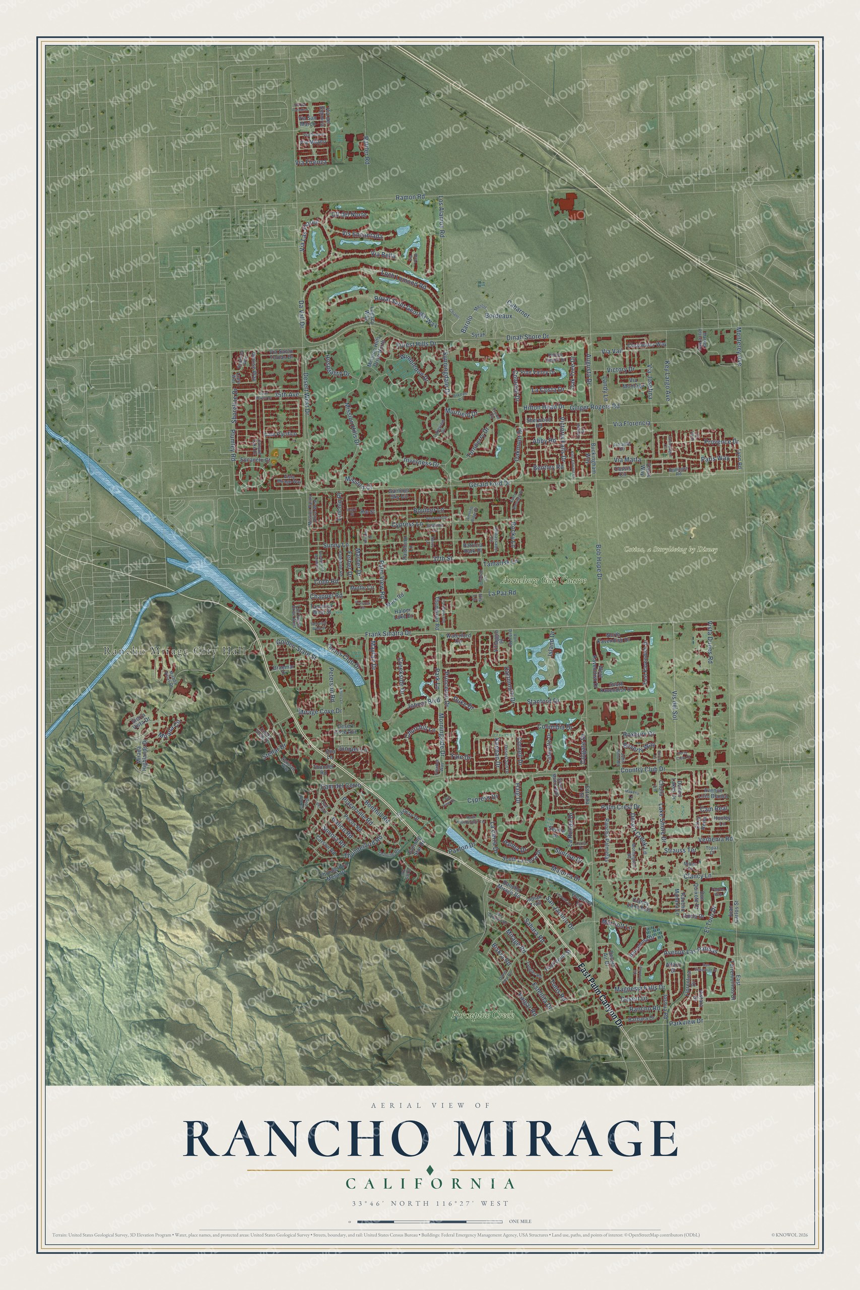 Full map of Rancho Mirage, California, with red buildings, printed street names and the land around them