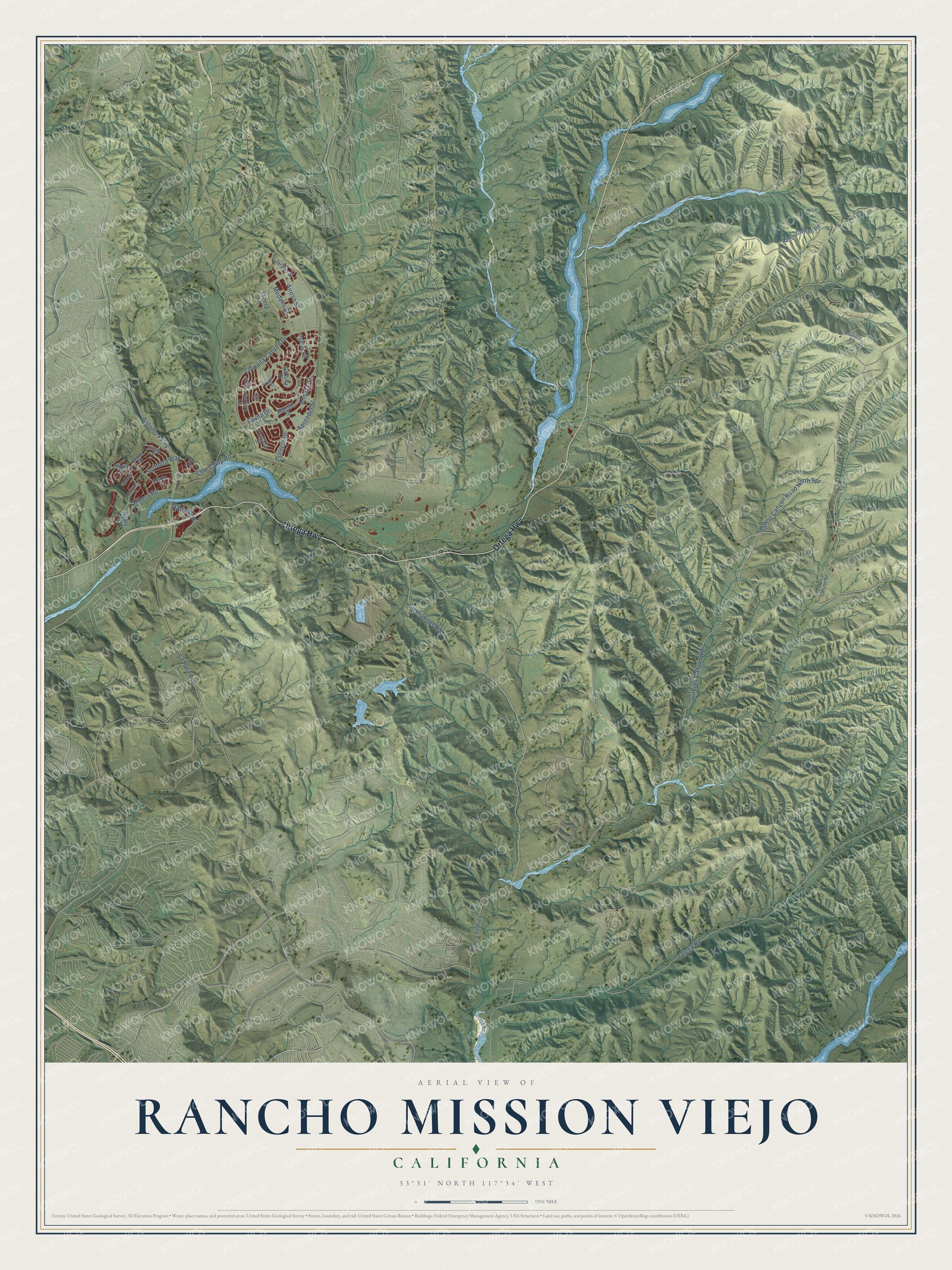 Full map of Rancho Mission Viejo, California, with red buildings, printed street names and the land around them