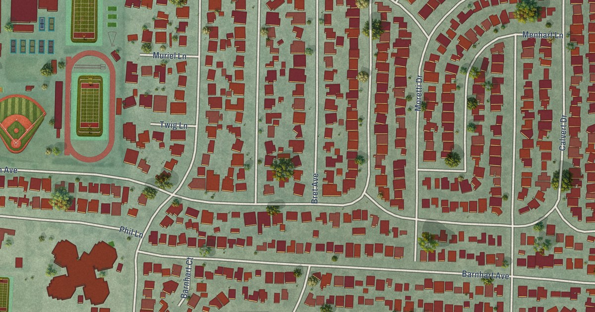 Close-up of streets and buildings in Rancho Rinconada, California