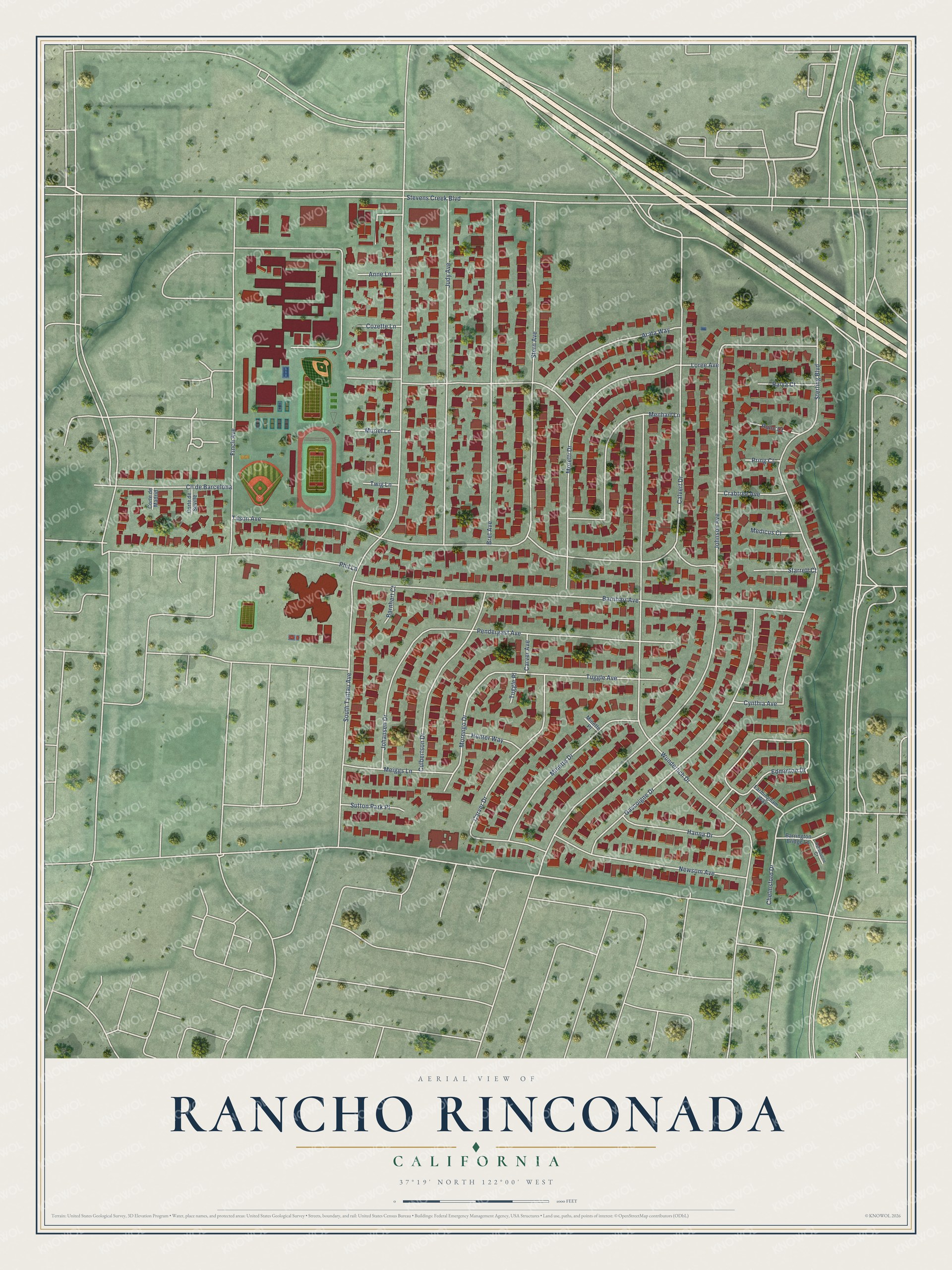 Full map of Rancho Rinconada, California, with red buildings, printed street names and the land around them