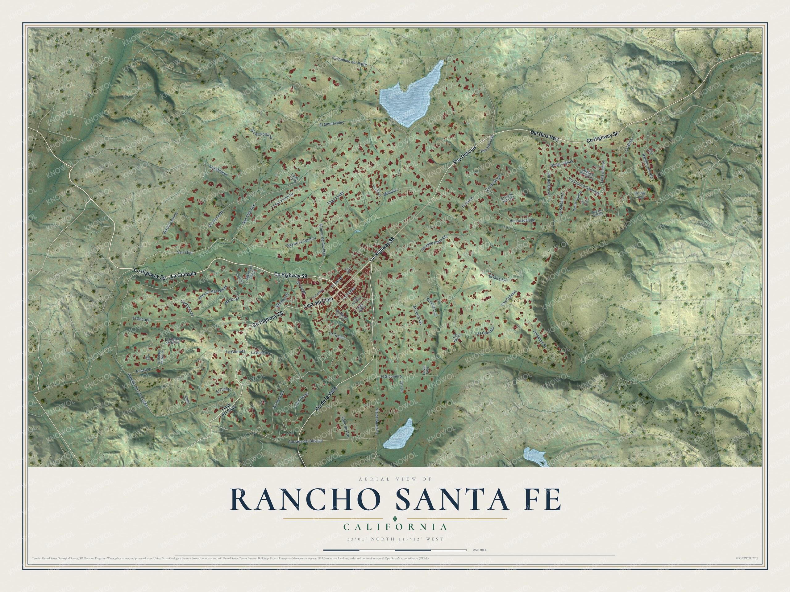 Full map of Rancho Santa Fe, California, with red buildings, printed street names and the land around them