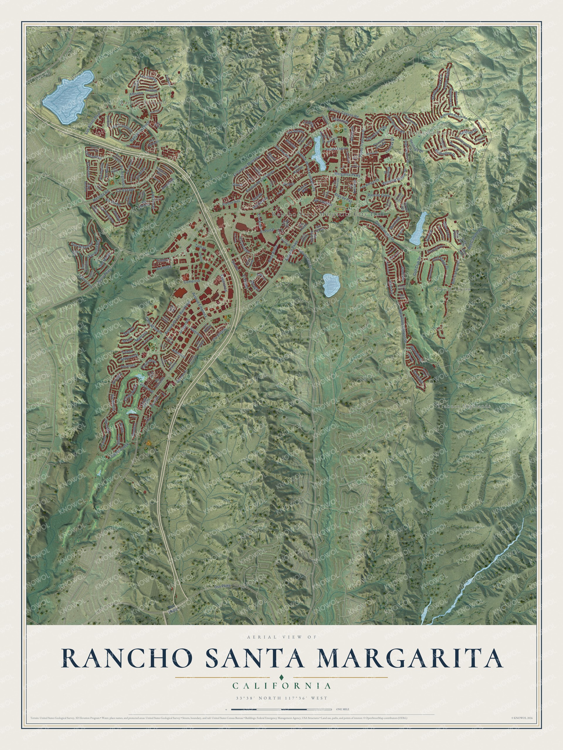 Full map of Rancho Santa Margarita, California, with red buildings, printed street names and the land around them
