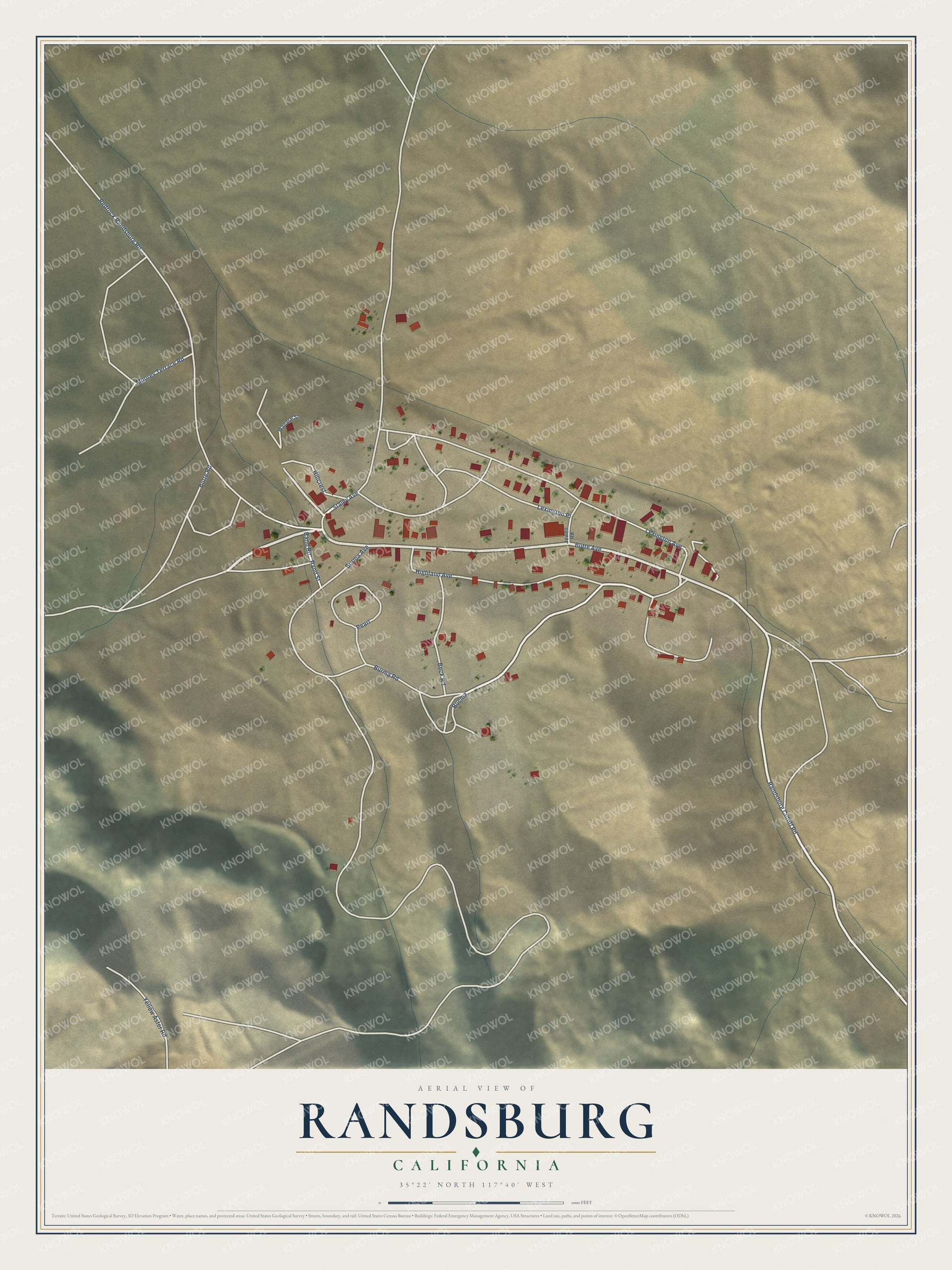 Full map of Randsburg, California, with red buildings, printed street names and the land around them