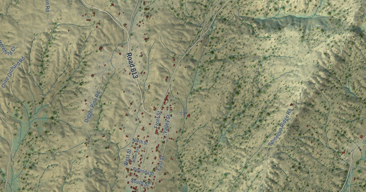 Close-up of streets and buildings in Raymond, California