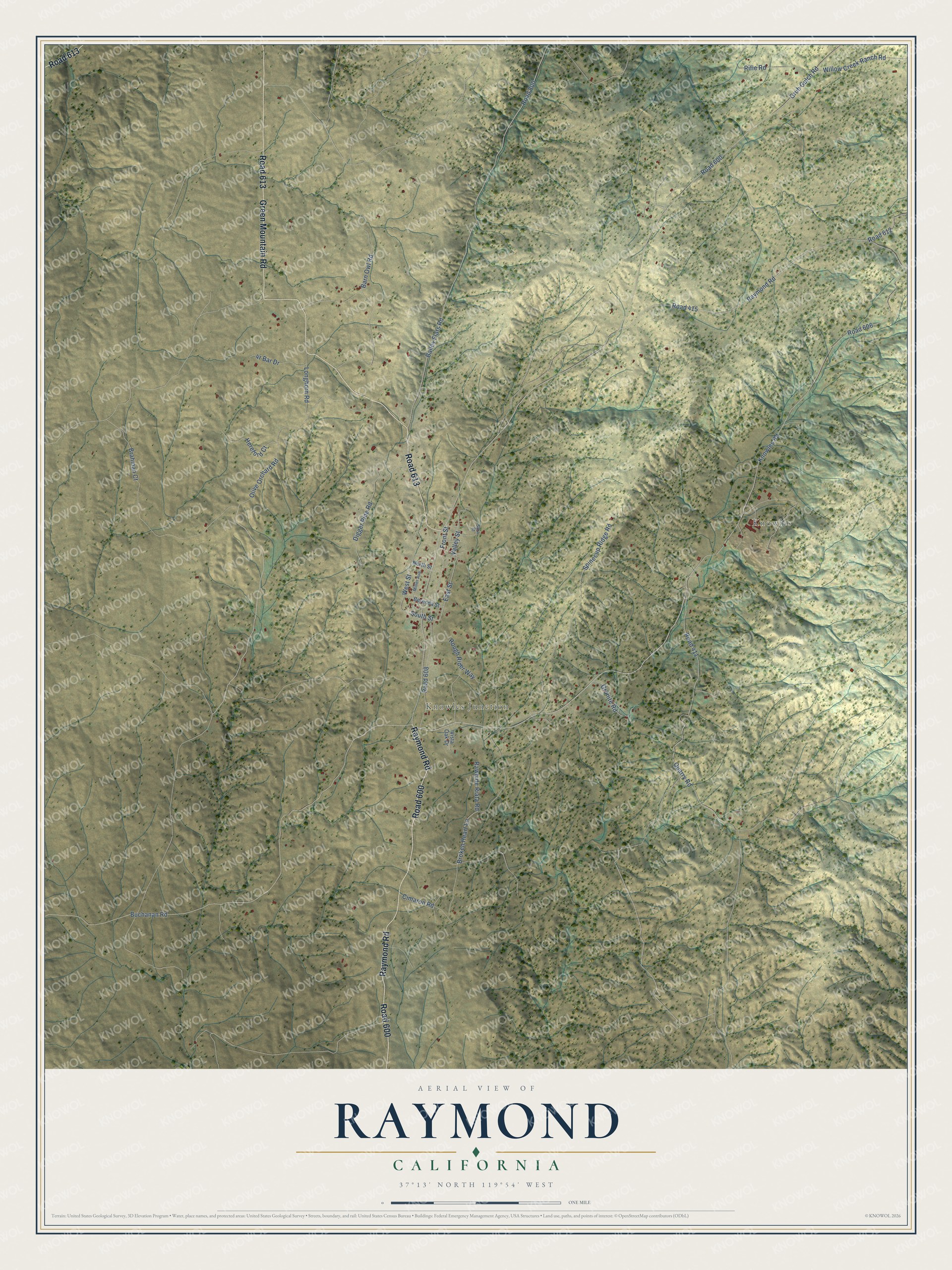 Full map of Raymond, California, with red buildings, printed street names and the land around them