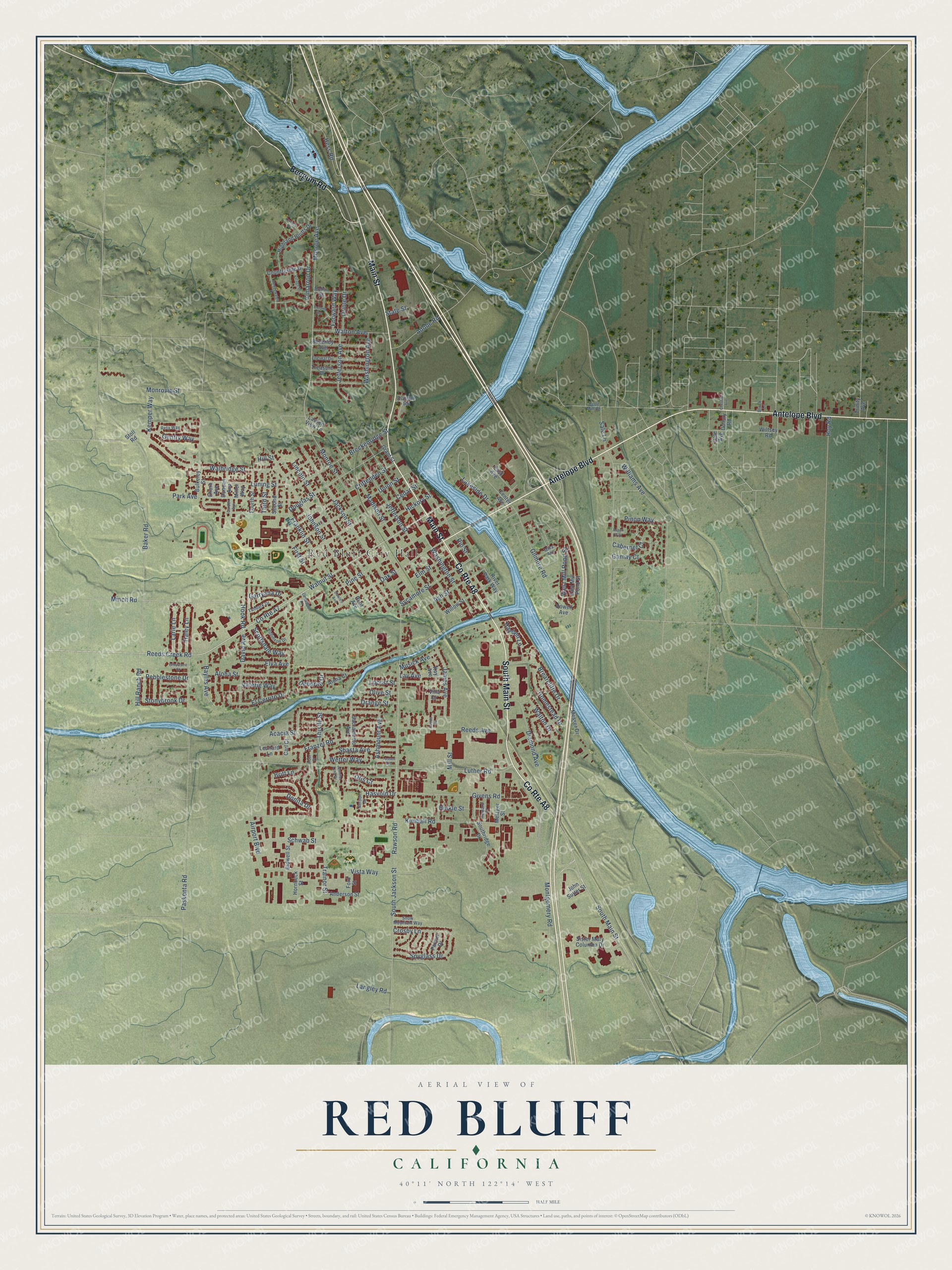 Full map of Red Bluff, California, with red buildings, printed street names and the land around them