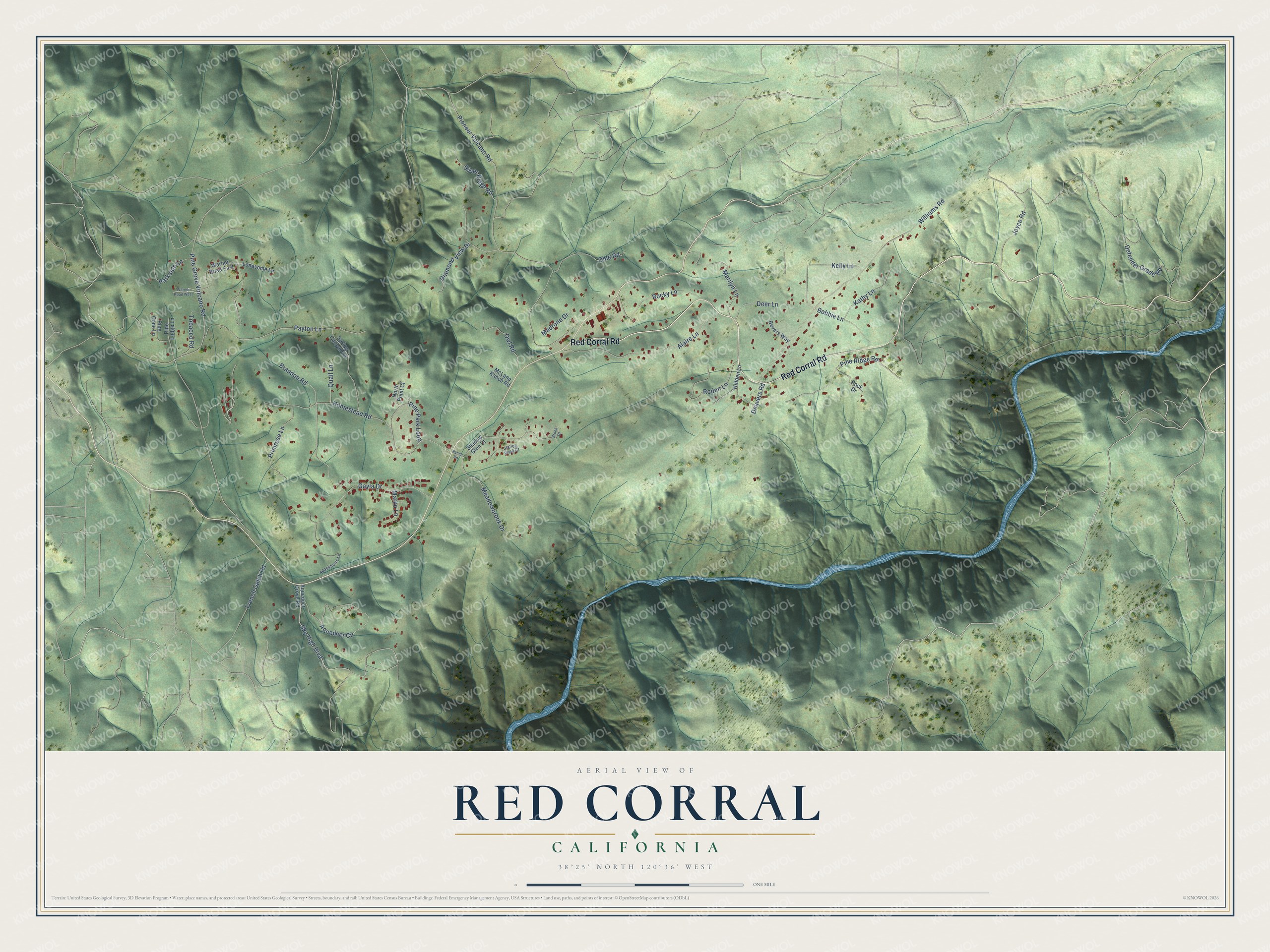 Full map of Red Corral, California, with red buildings, printed street names and the land around them