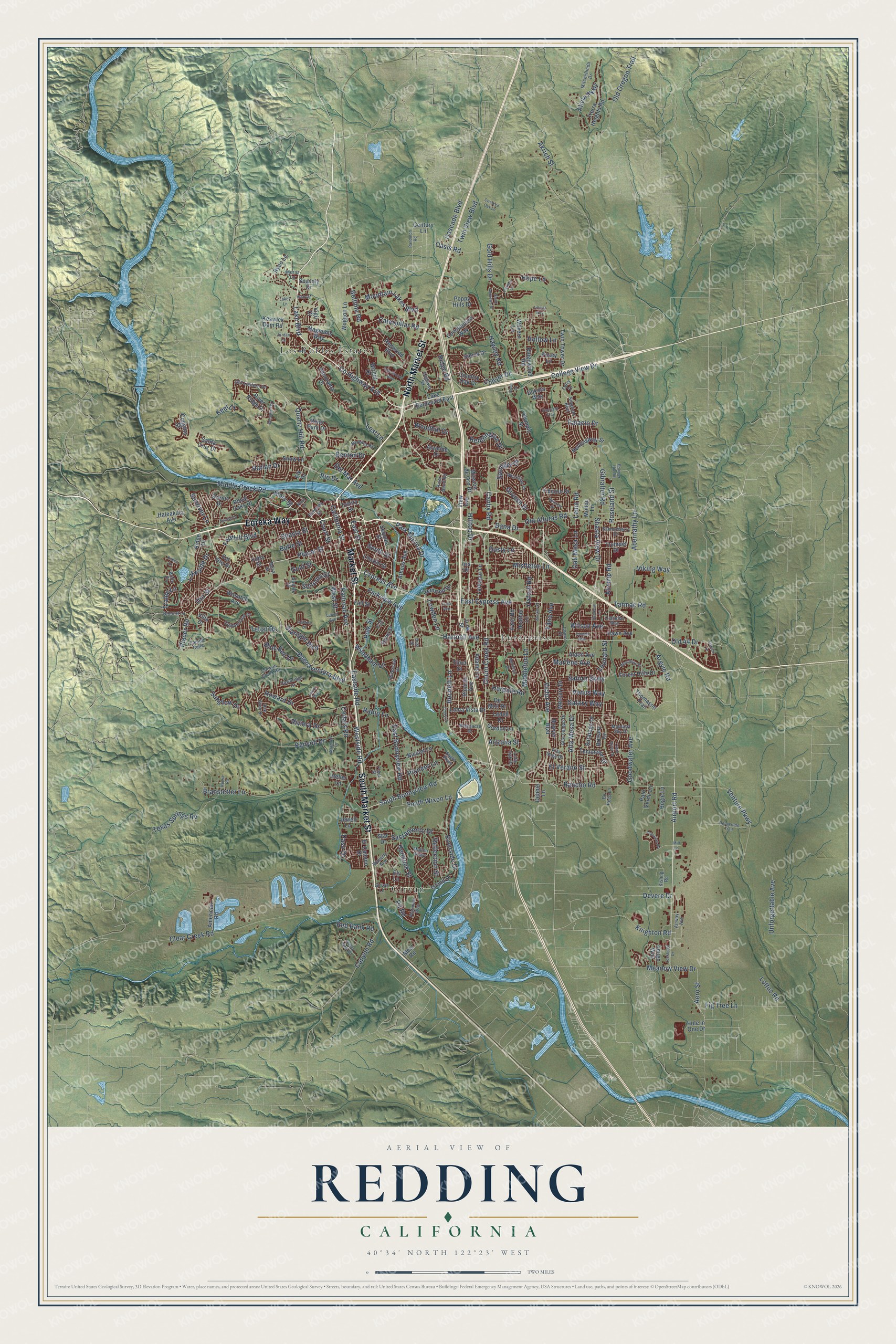 Full map of Redding, California, with red buildings, printed street names and the land around them
