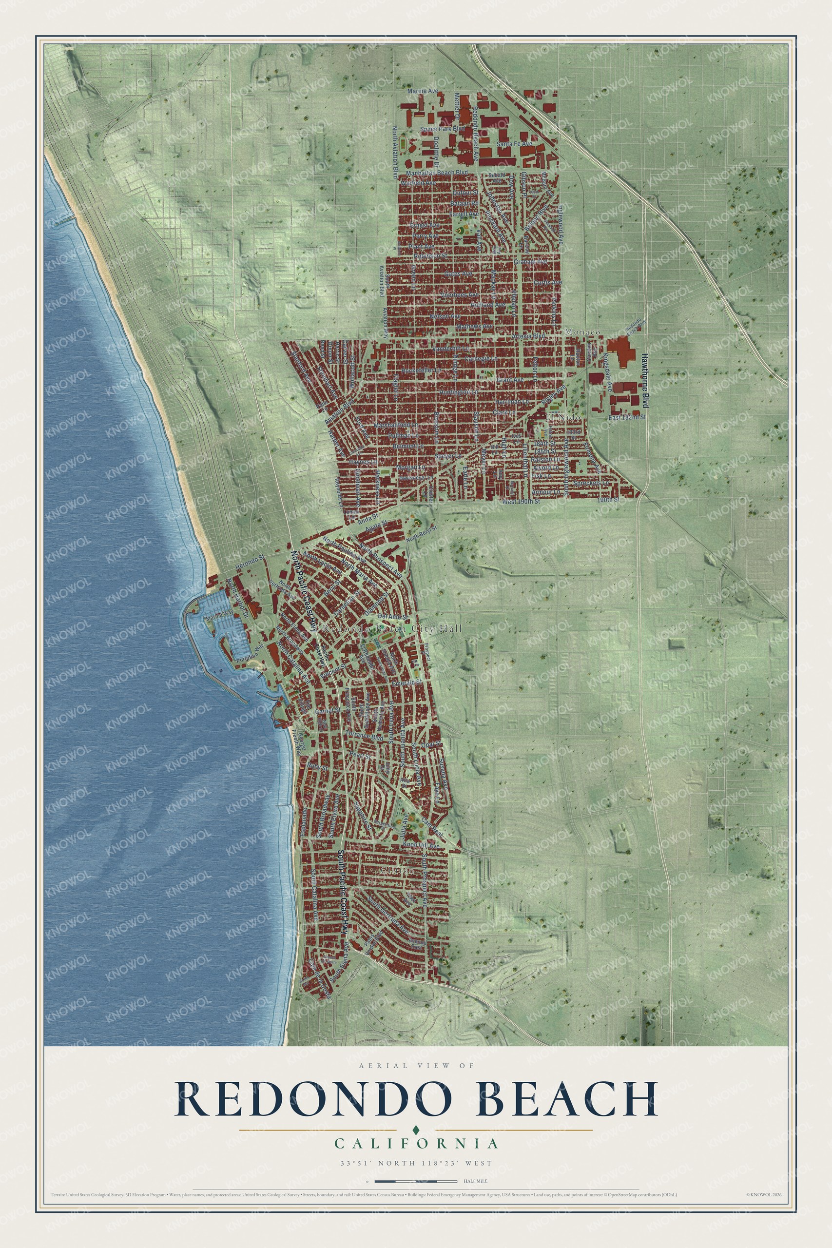 Full map of Redondo Beach, California, with red buildings, printed street names and the land around them