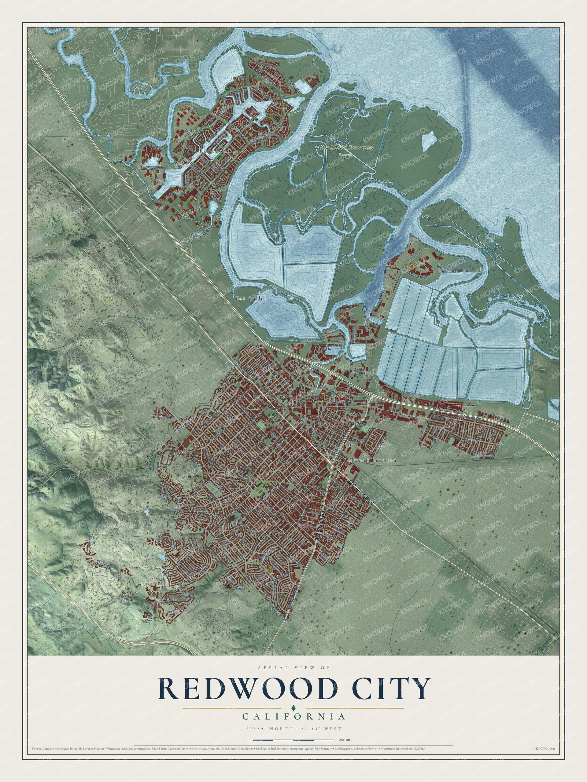 Full map of Redwood City, California, with red buildings, printed street names and the land around them