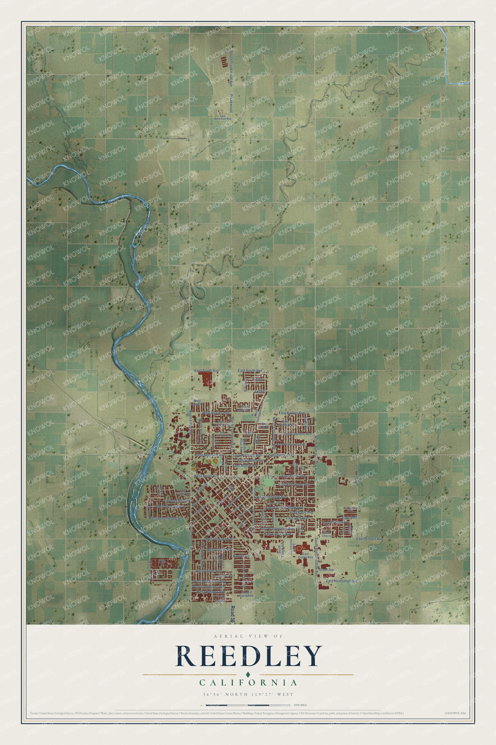 Full map of Reedley, California, with red buildings, printed street names and the land around them