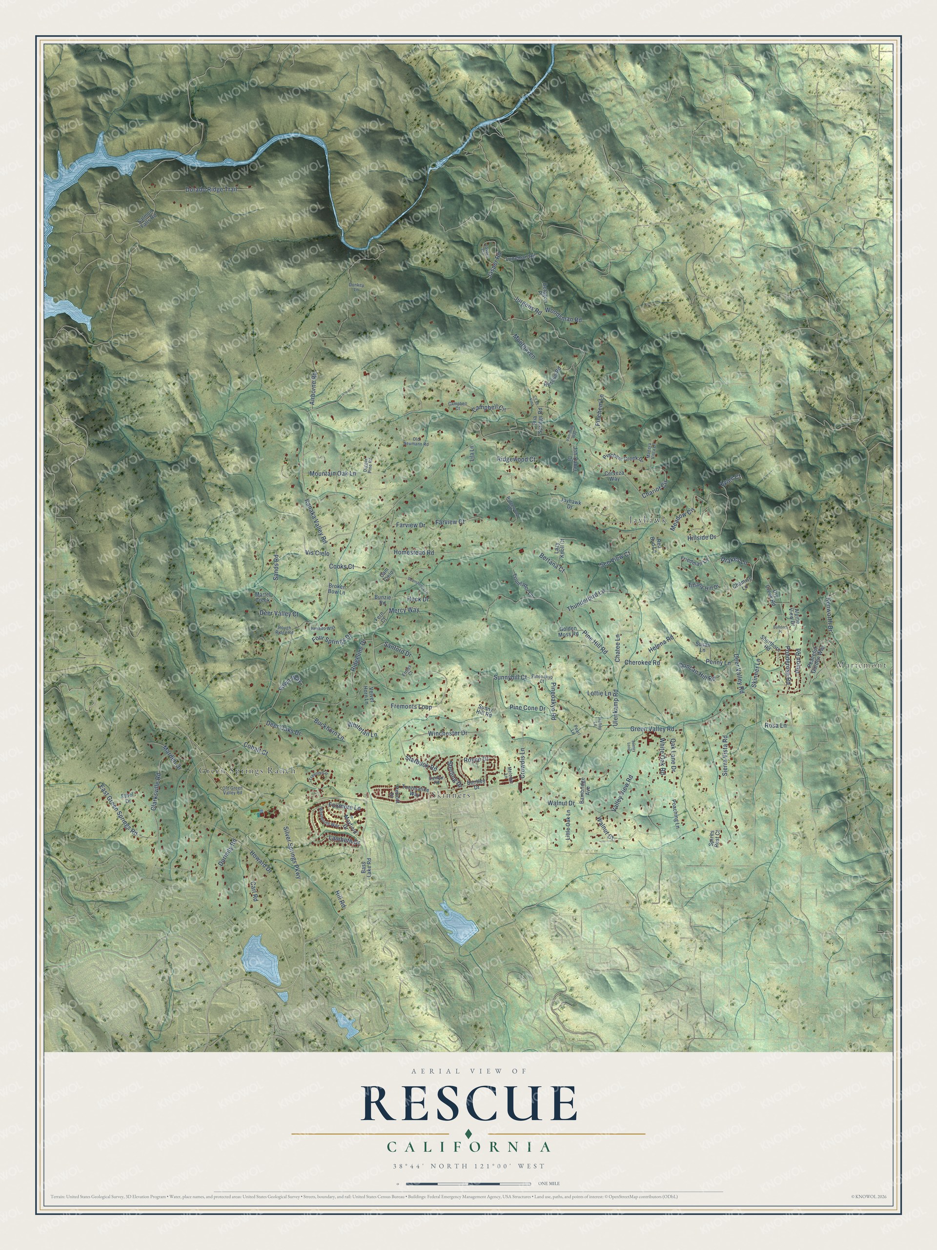 Full map of Rescue, California, with red buildings, printed street names and the land around them