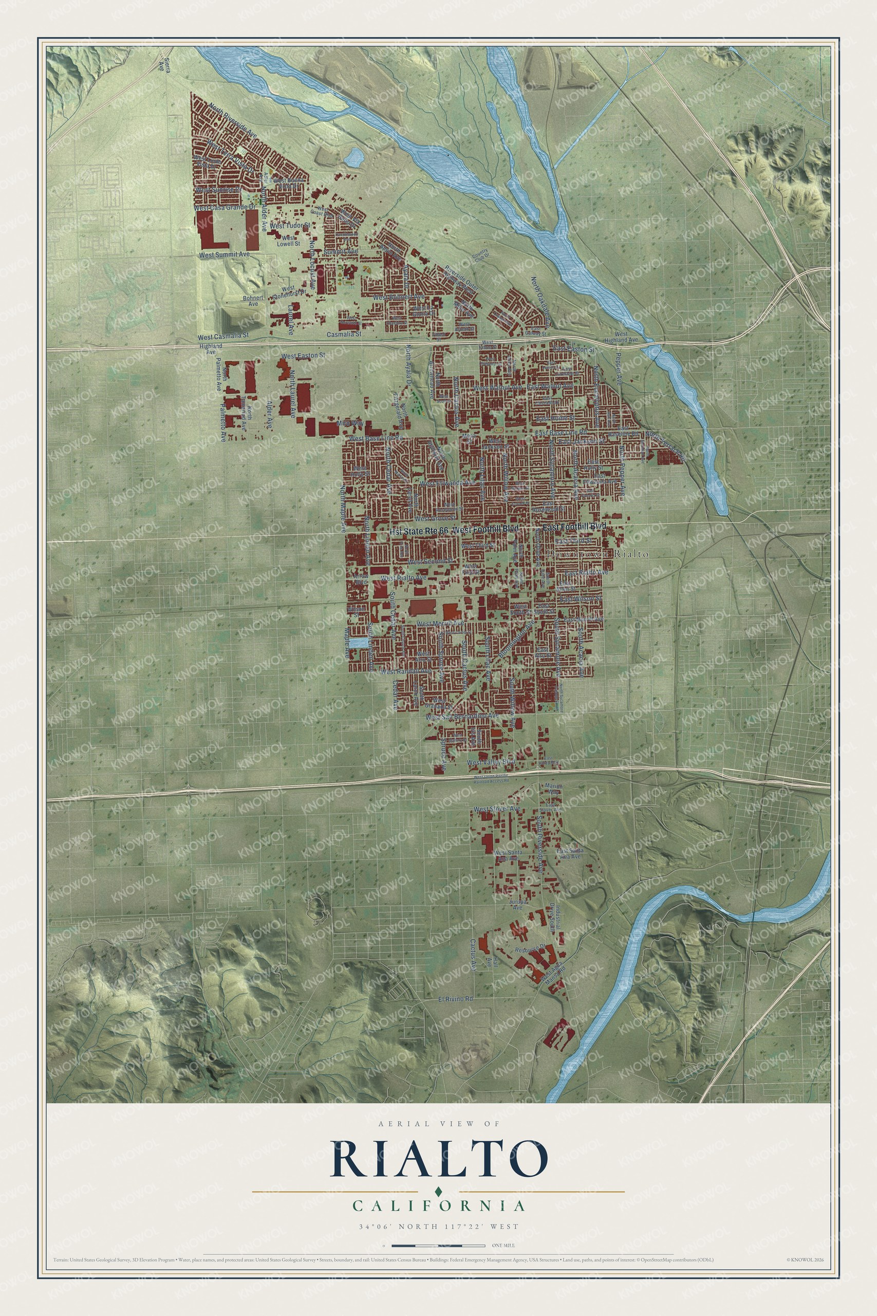 Full map of Rialto, California, with red buildings, printed street names and the land around them