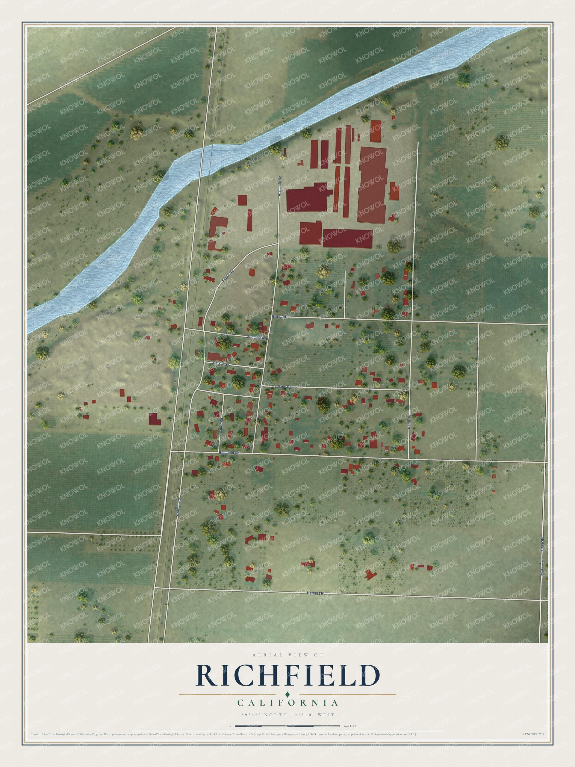 Full map of Richfield, California, with red buildings, printed street names and the land around them