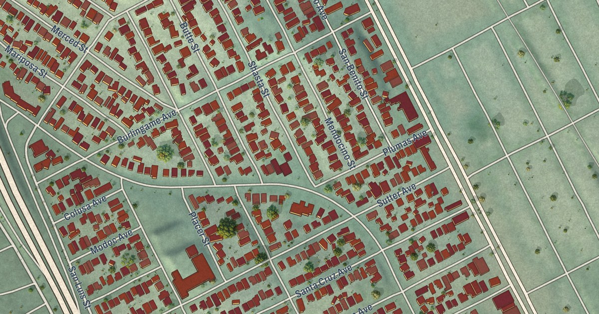 Close-up of streets and buildings in Richmond Annex, California