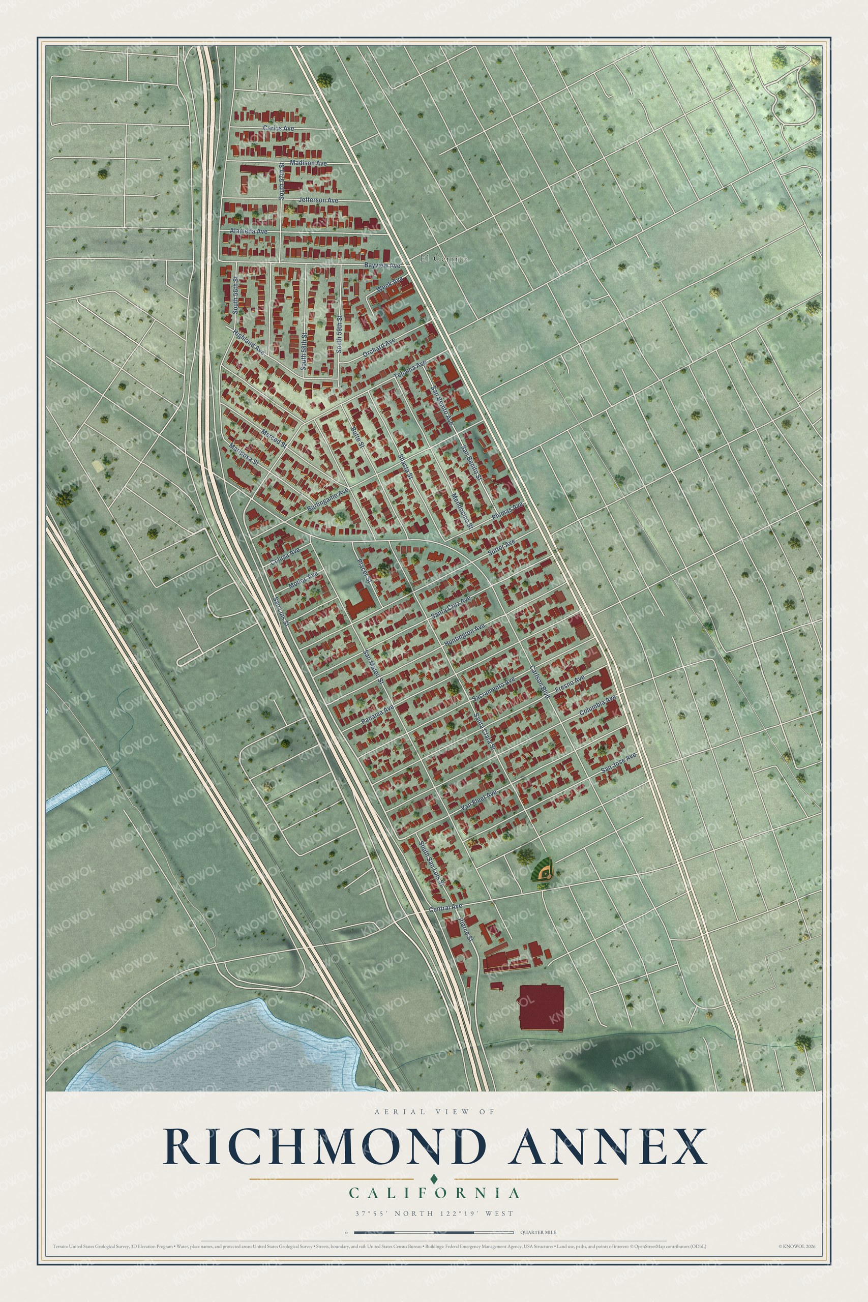 Full map of Richmond Annex, California, with red buildings, printed street names and the land around them