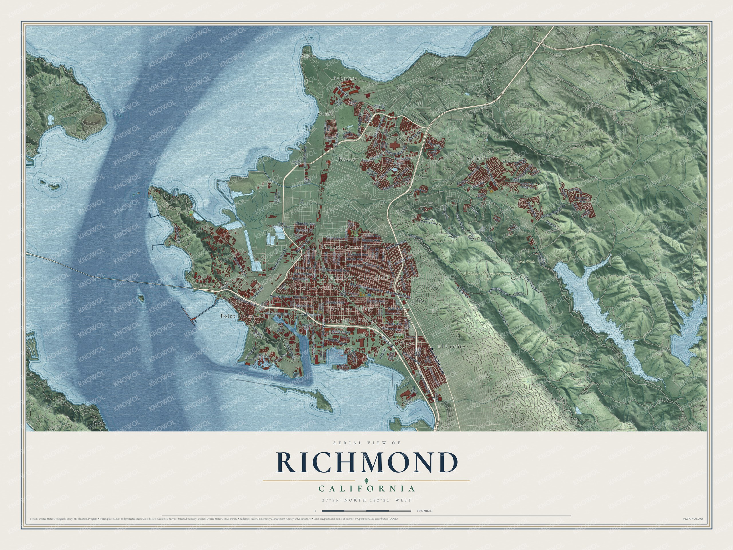 Full map of Richmond, California, with red buildings, printed street names and the land around them